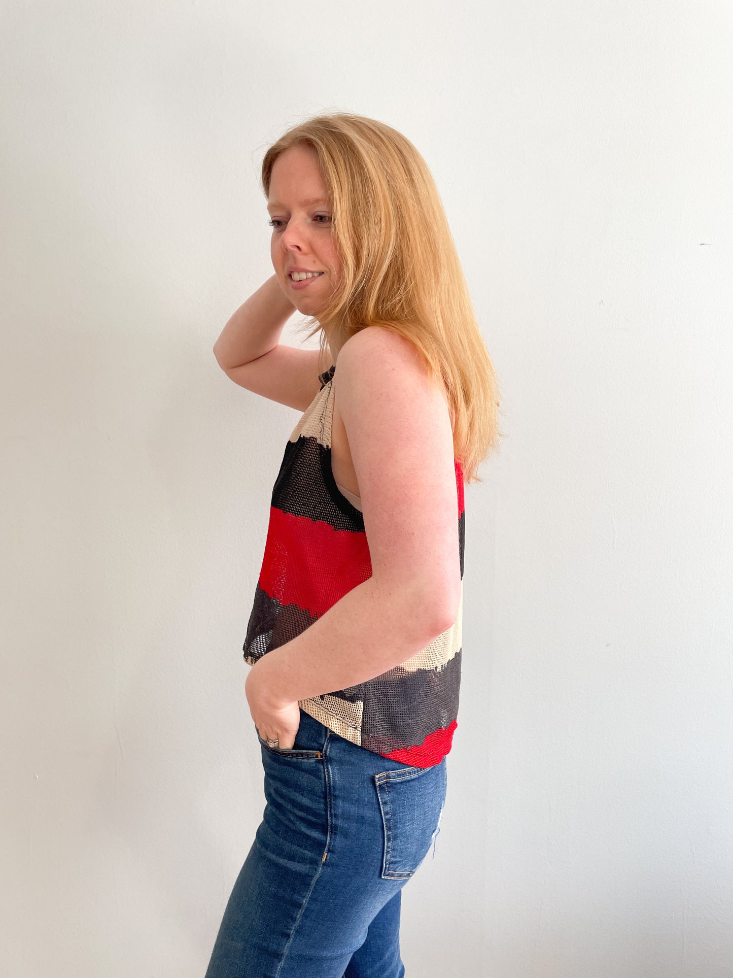 Red Grey Stripe Mesh Crop Top - S/M
