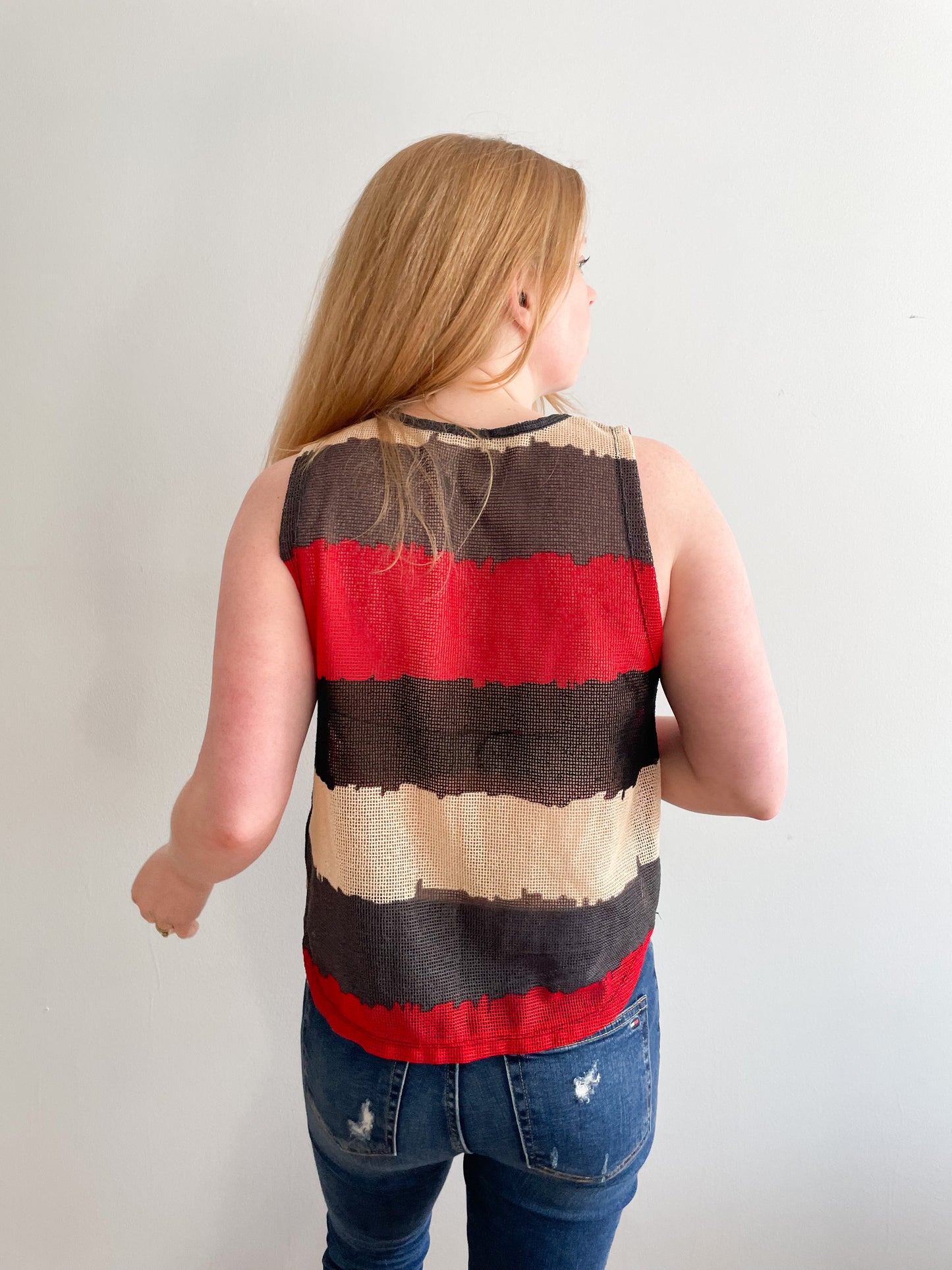 Red Grey Stripe Mesh Crop Top - S/M