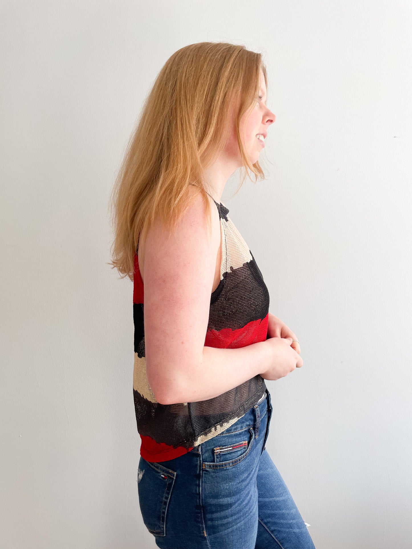 Red Grey Stripe Mesh Crop Top - S/M