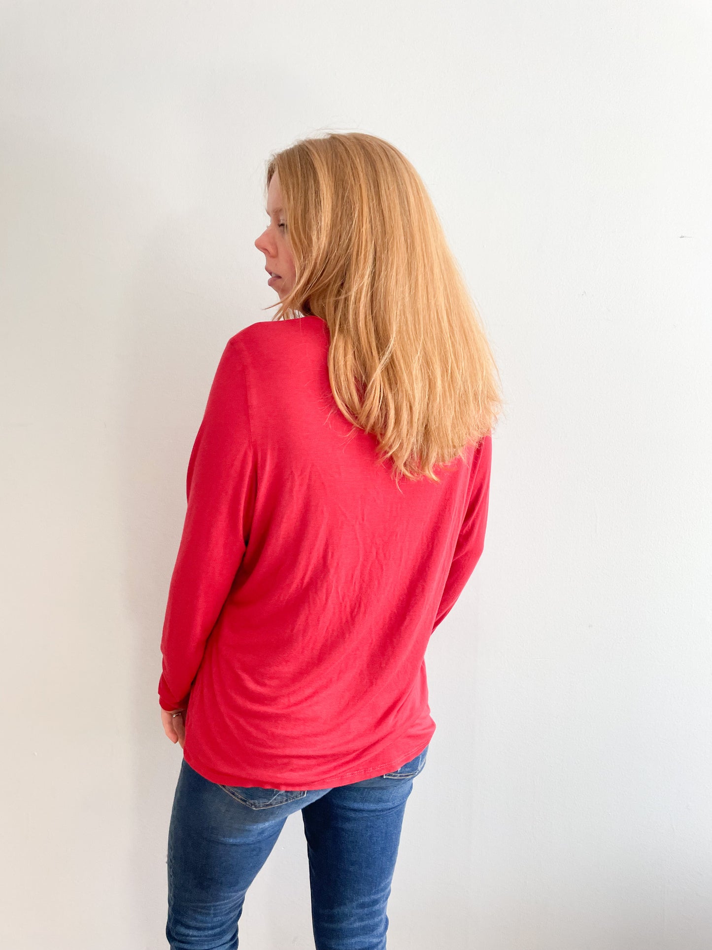 Zoe Red Jersey Wrap Neckline Long Sleeve Top - Large