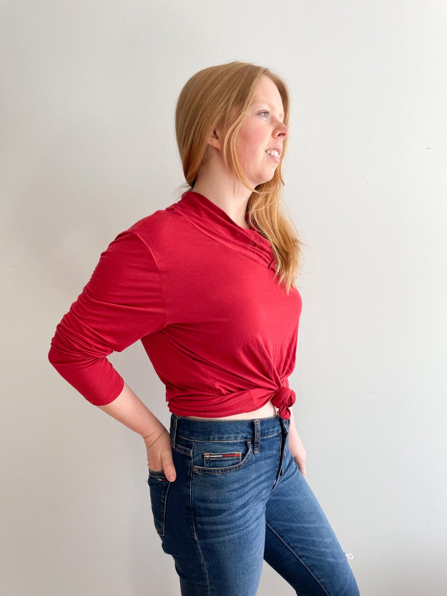Zoe Red Jersey Wrap Neckline Long Sleeve Top - Large