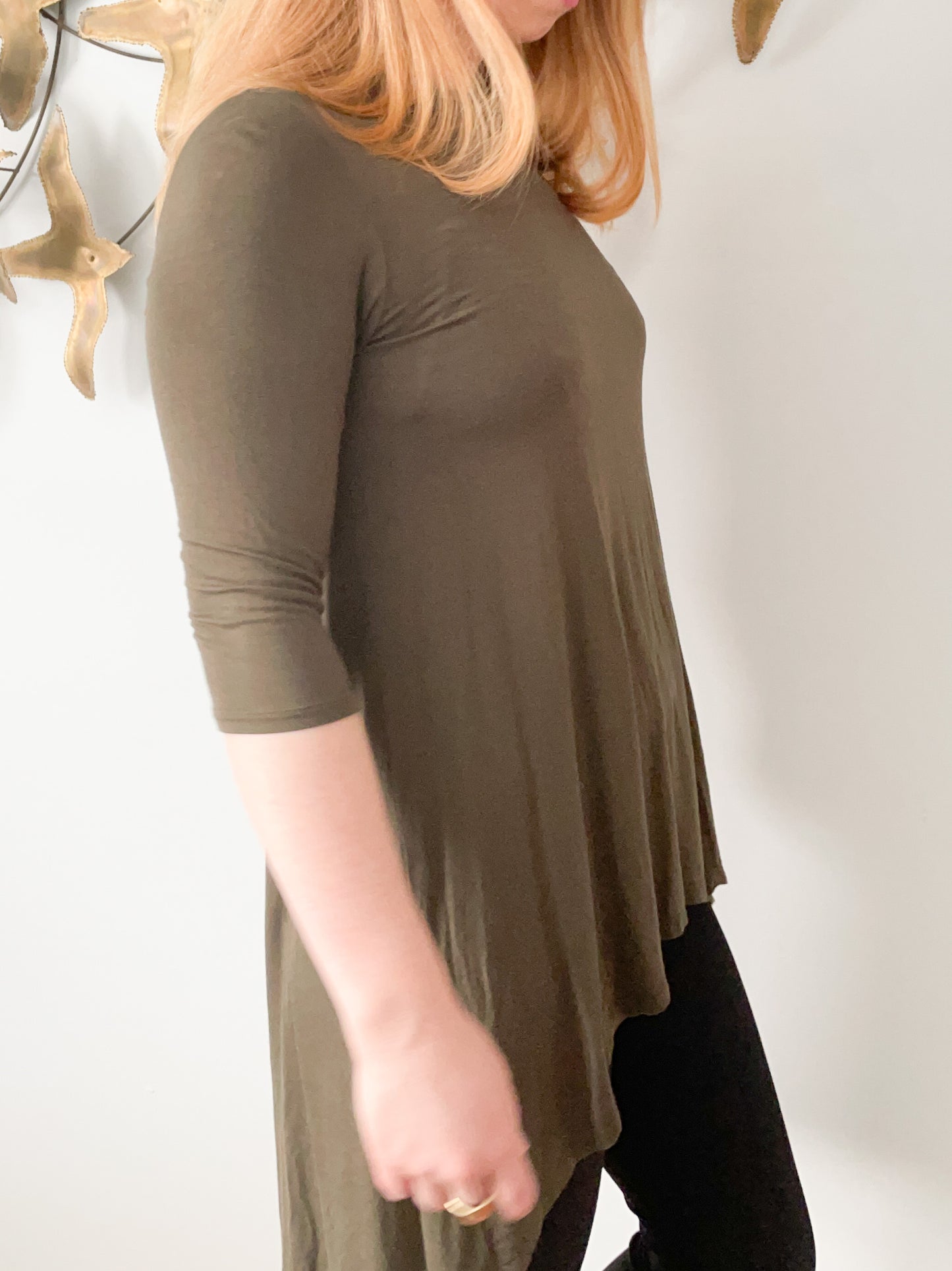 Olive Green Jersey Hi-Low 3/4 Sleeve Tunic Top - XS/S