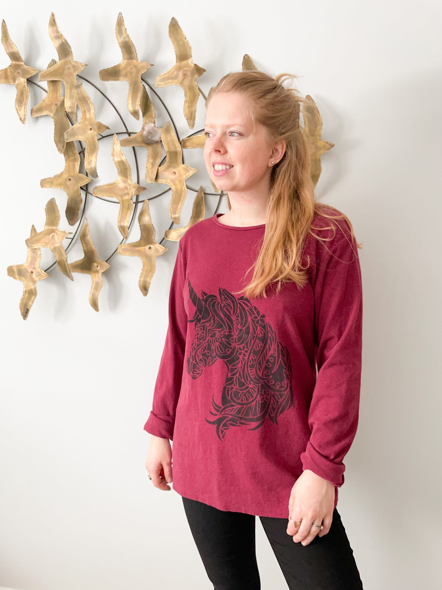 Ellen Tracey Unicorn Upcycled Wine Red Jersey Long Sleeve Top - XL/XXL