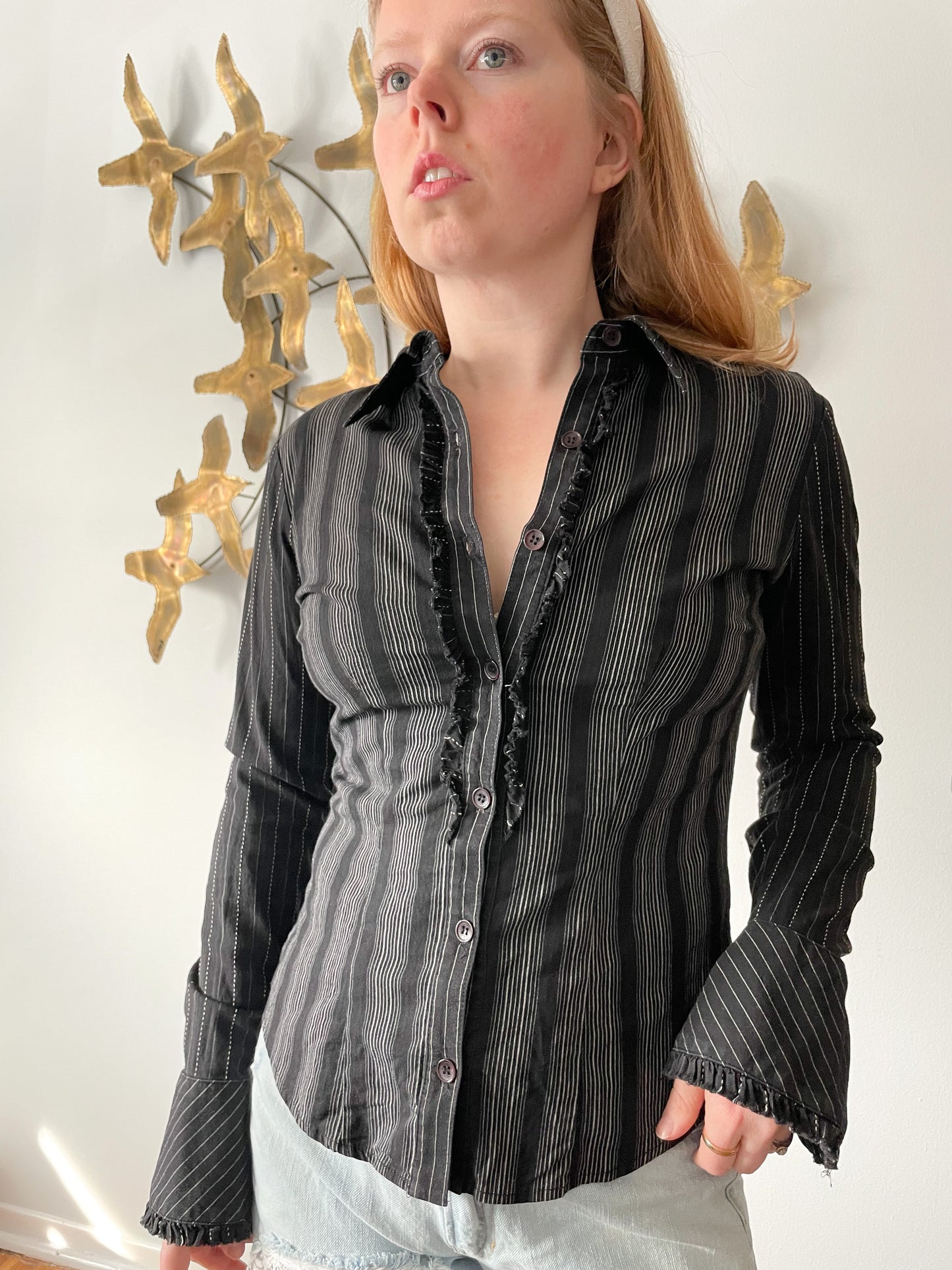 Ashley O'Rouke Black Stripe Ruffle Cotton Stretch Button Down Top - Medium