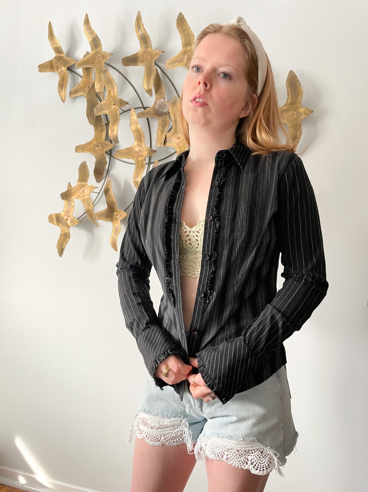 Ashley O'Rouke Black Stripe Ruffle Cotton Stretch Button Down Top - Medium