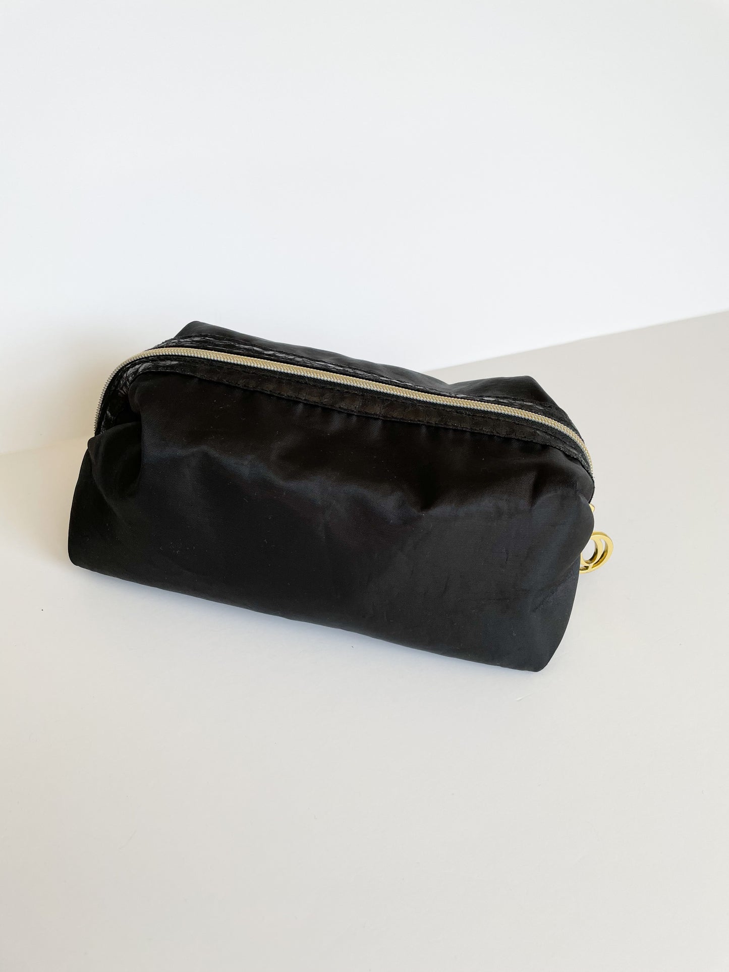 Black Satin Gold Zipper Toiletry Clutch Makeup Bag
