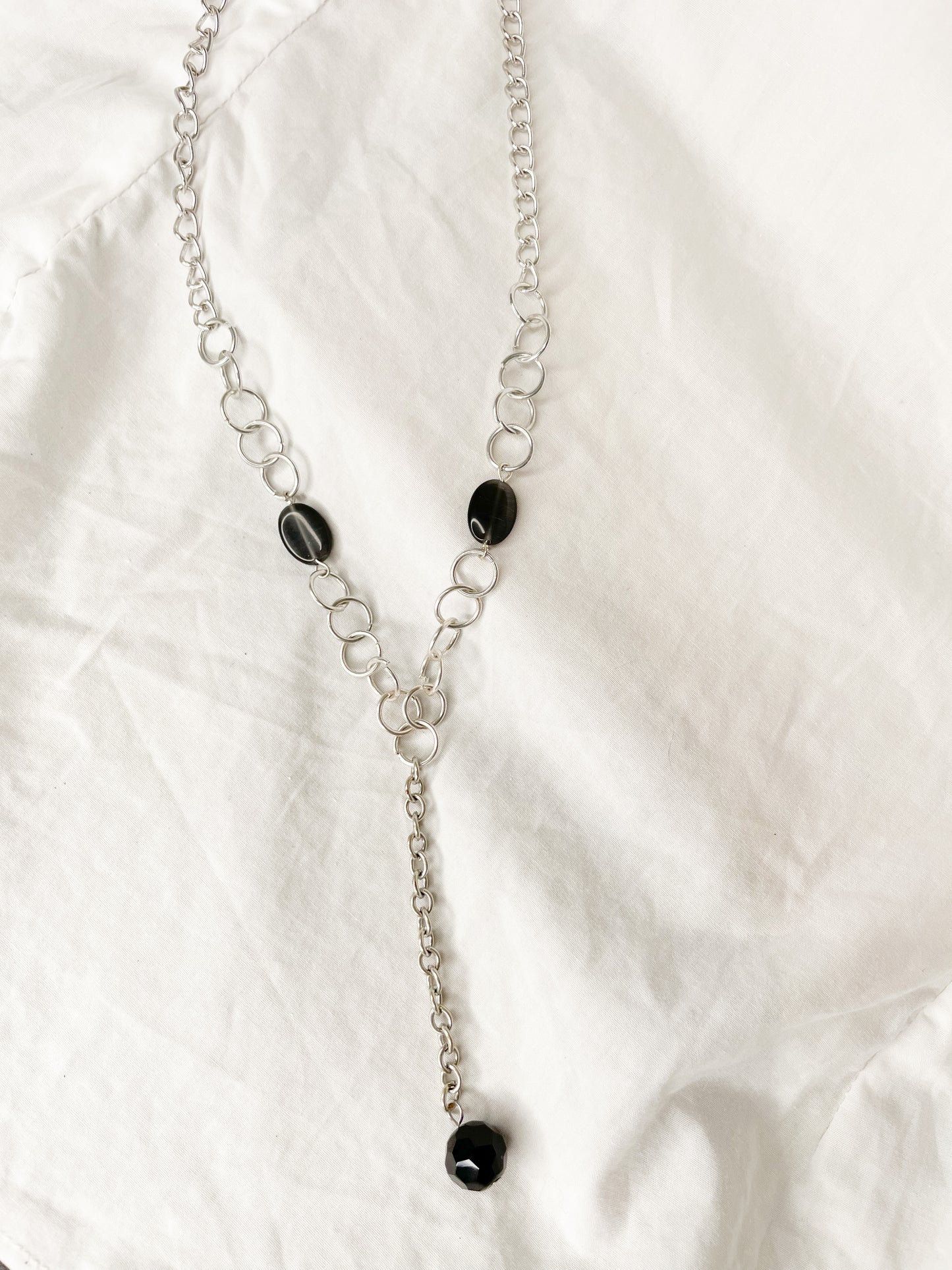 Silver Chain Black Bead Y Drop Necklace