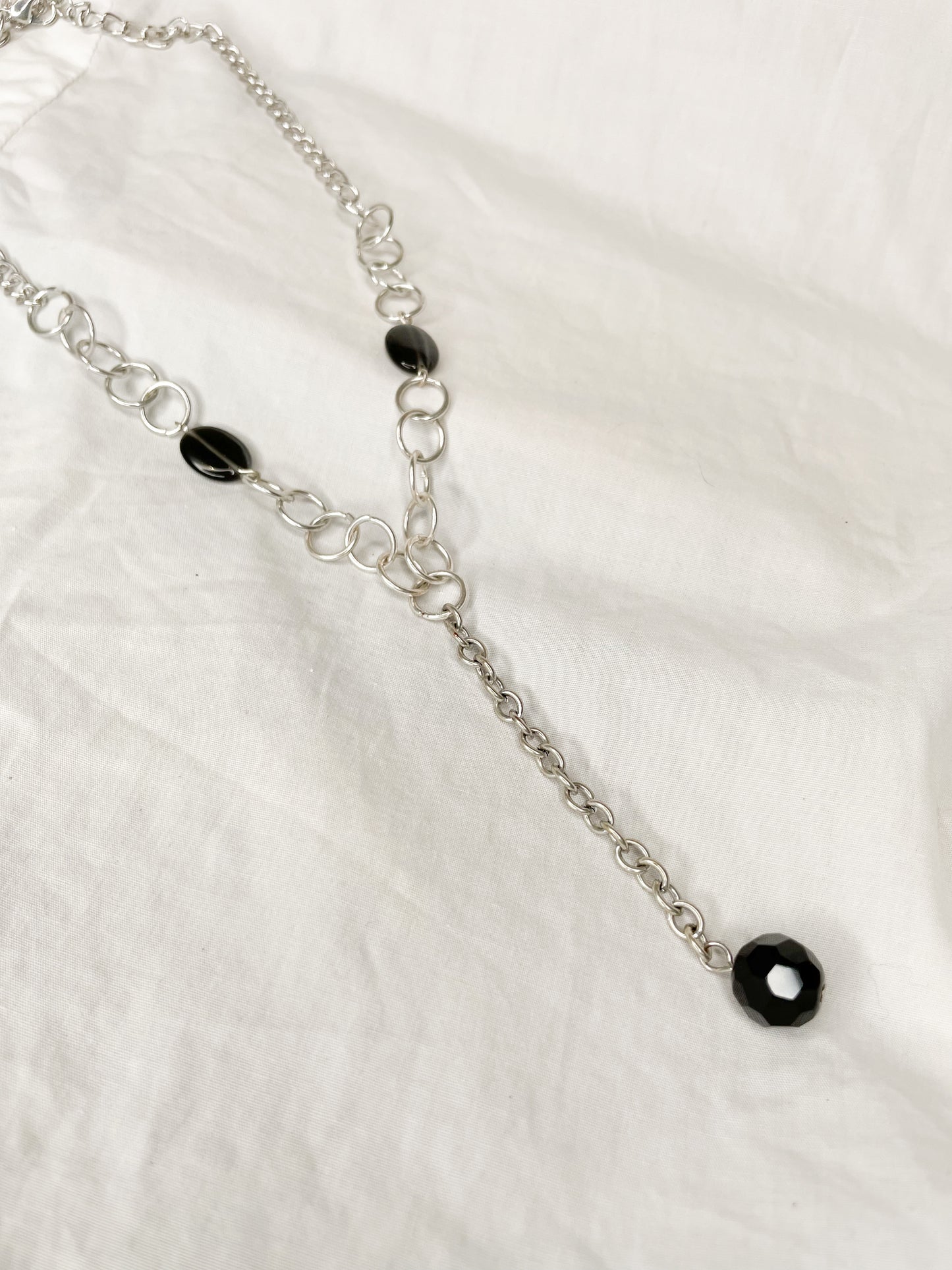 Silver Chain Black Bead Y Drop Necklace