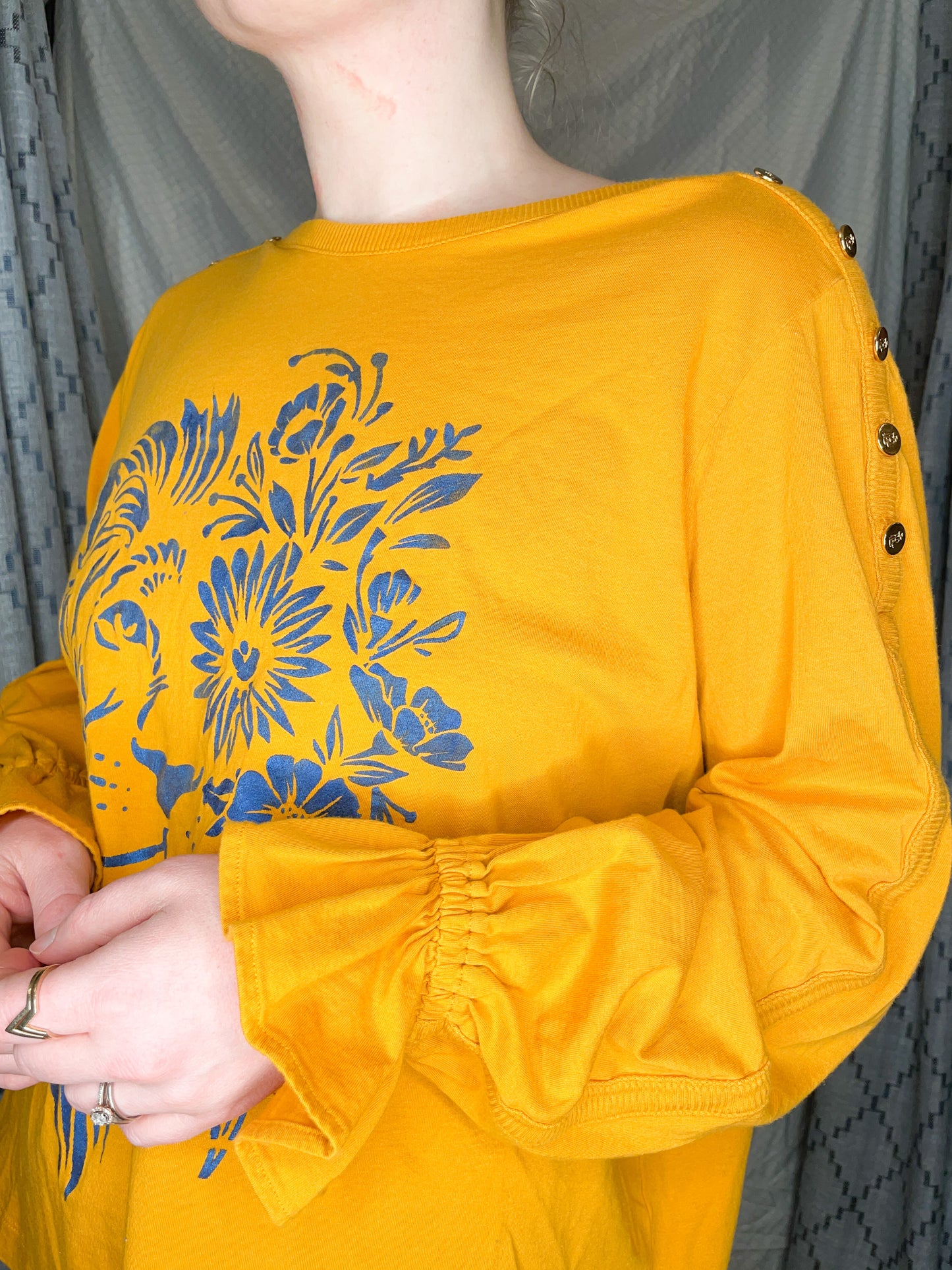 Ralph Lauren Upcycled Mustard Yellow Lion Cotton Modal Ruffle Sleeve Top - XL