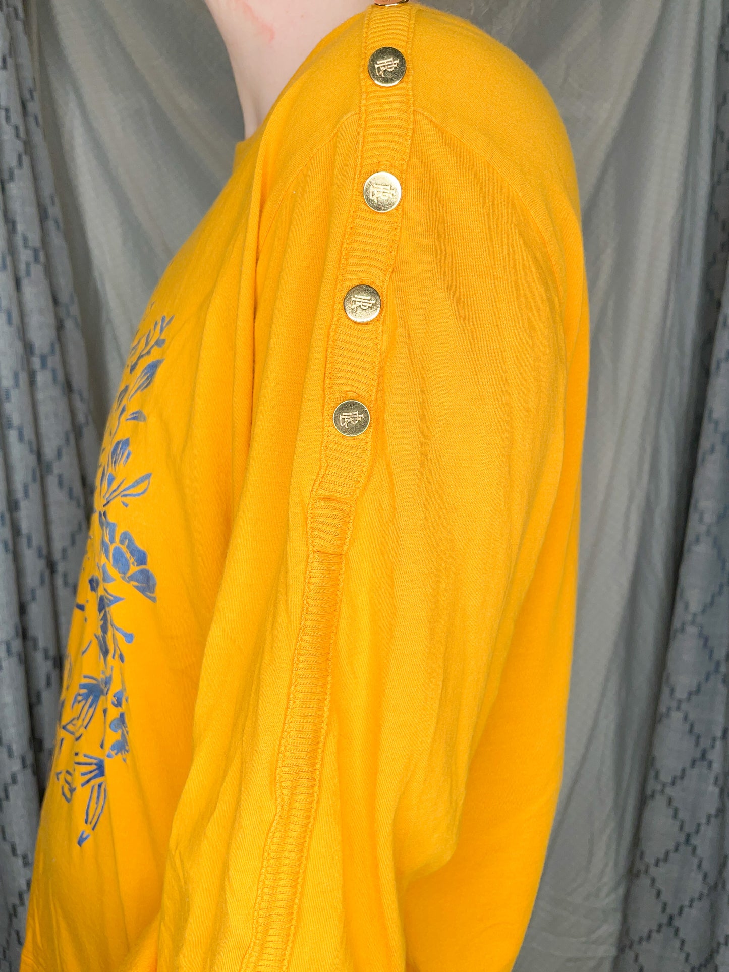 Ralph Lauren Upcycled Mustard Yellow Lion Cotton Modal Ruffle Sleeve Top - XL