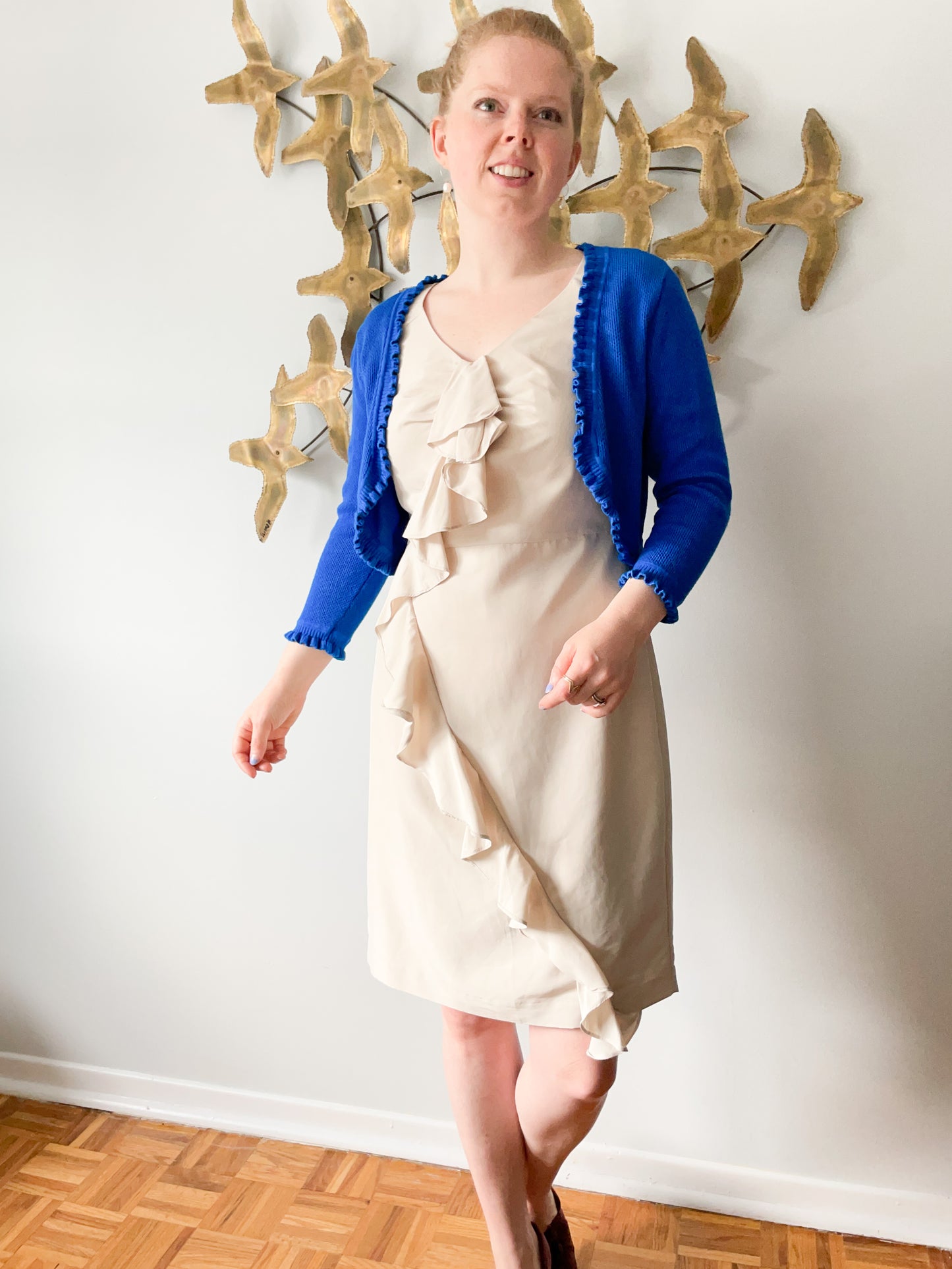 Jacob Ivory Cream Ruffle Cap Sleeve V-Neck Dress - S/M