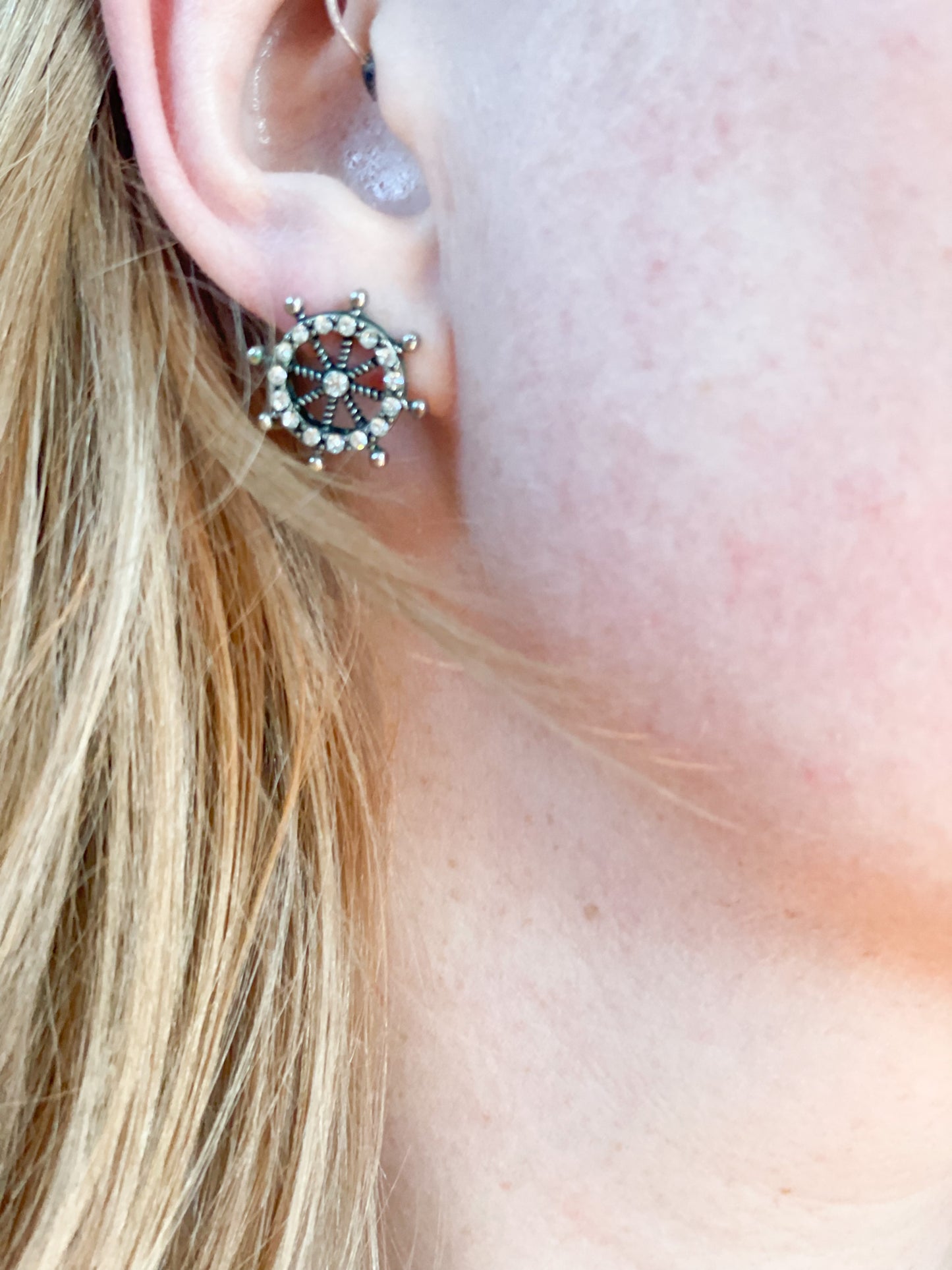 Nautical Ship Helm Sparkly Stud Earrings