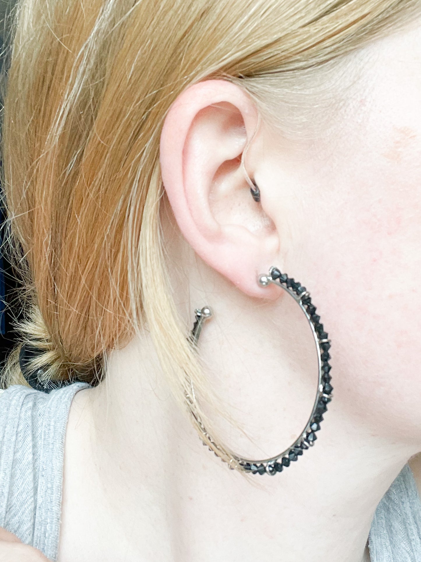 Black Beaded Oversized Hoop Earrings
