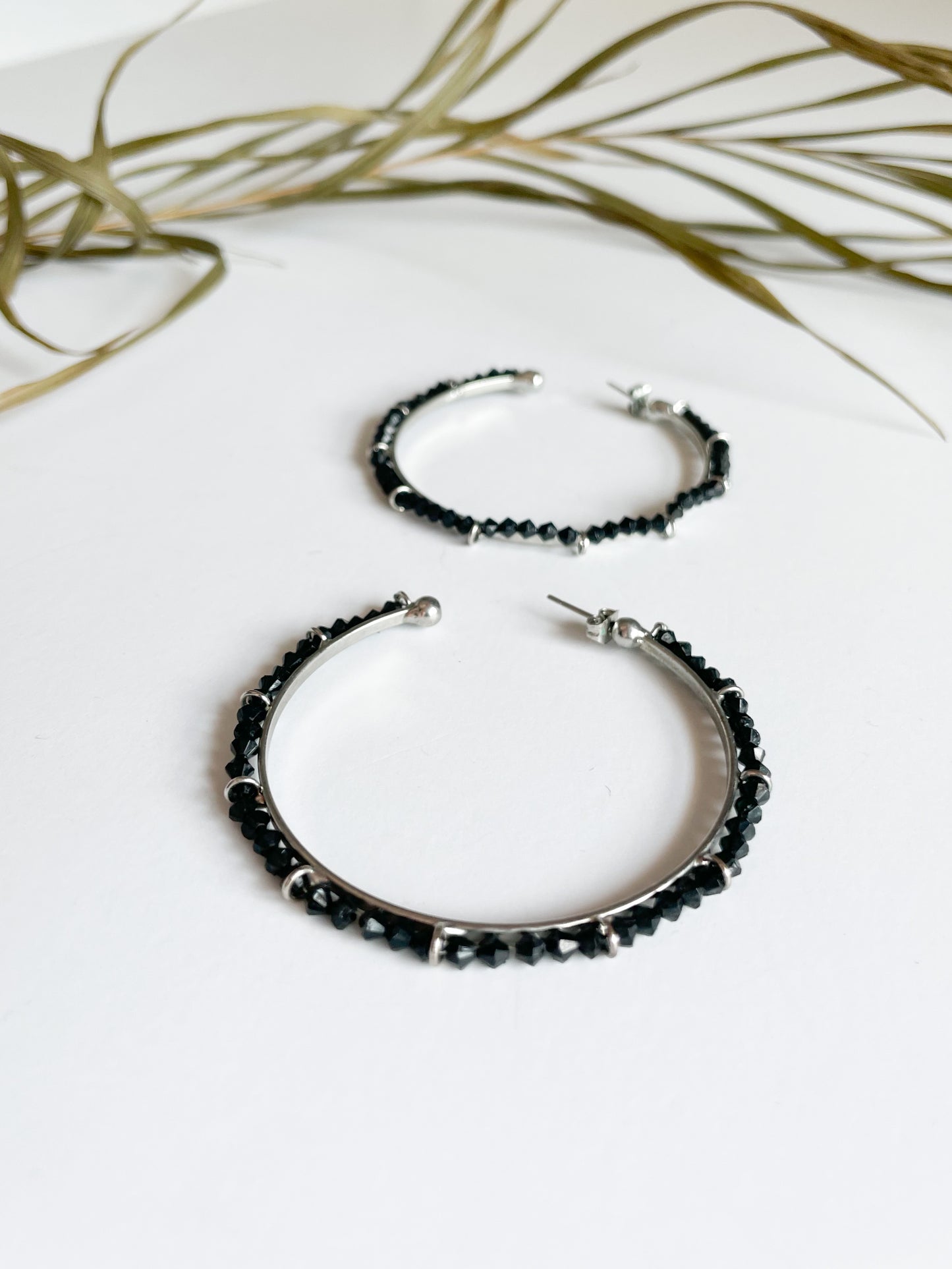 Black Beaded Oversized Hoop Earrings