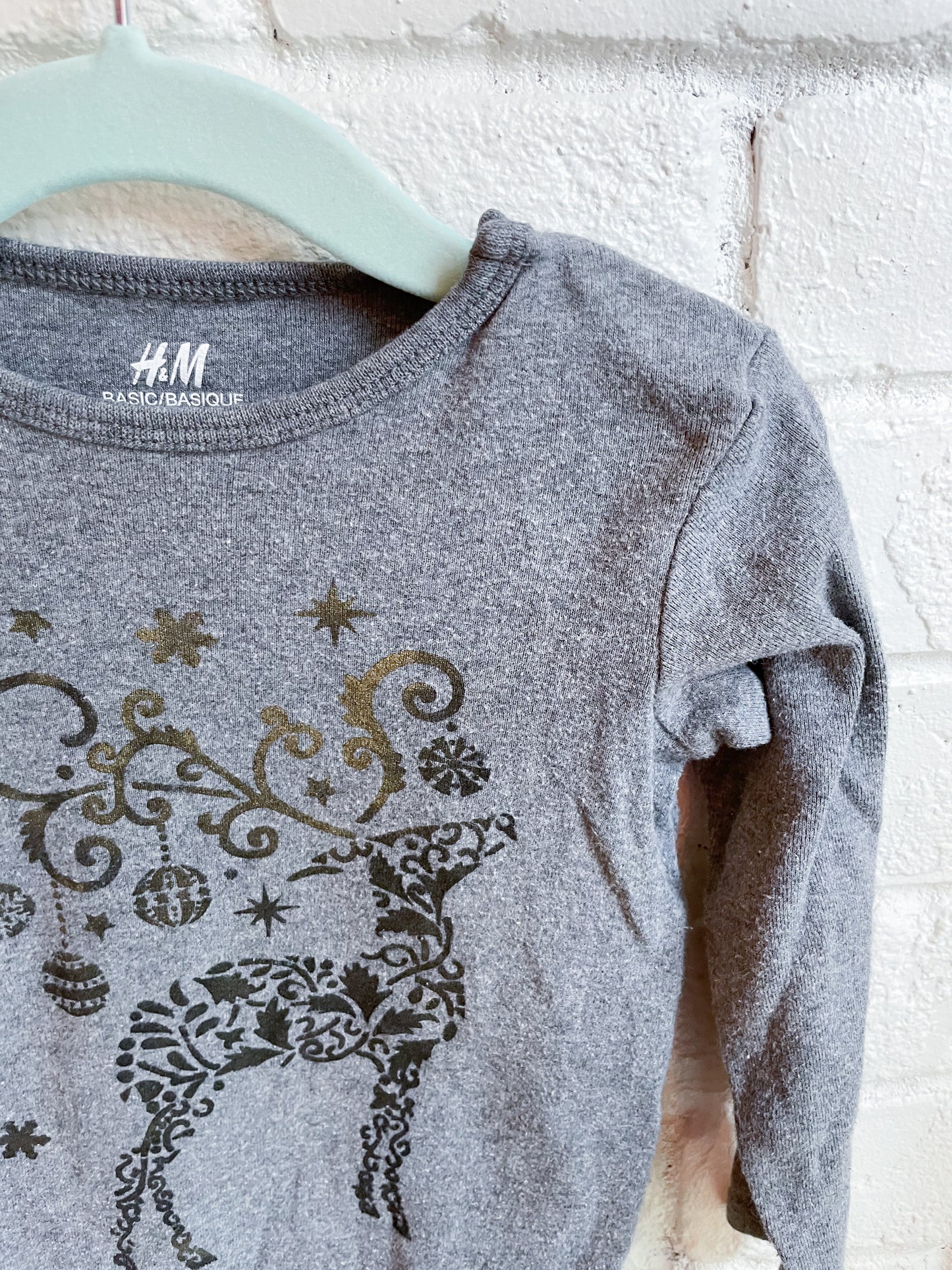 Upcycled Organic Cotton Metallic Reindeer Holiday Long Sleeve Baby Bodysuit - 1.5-2 years