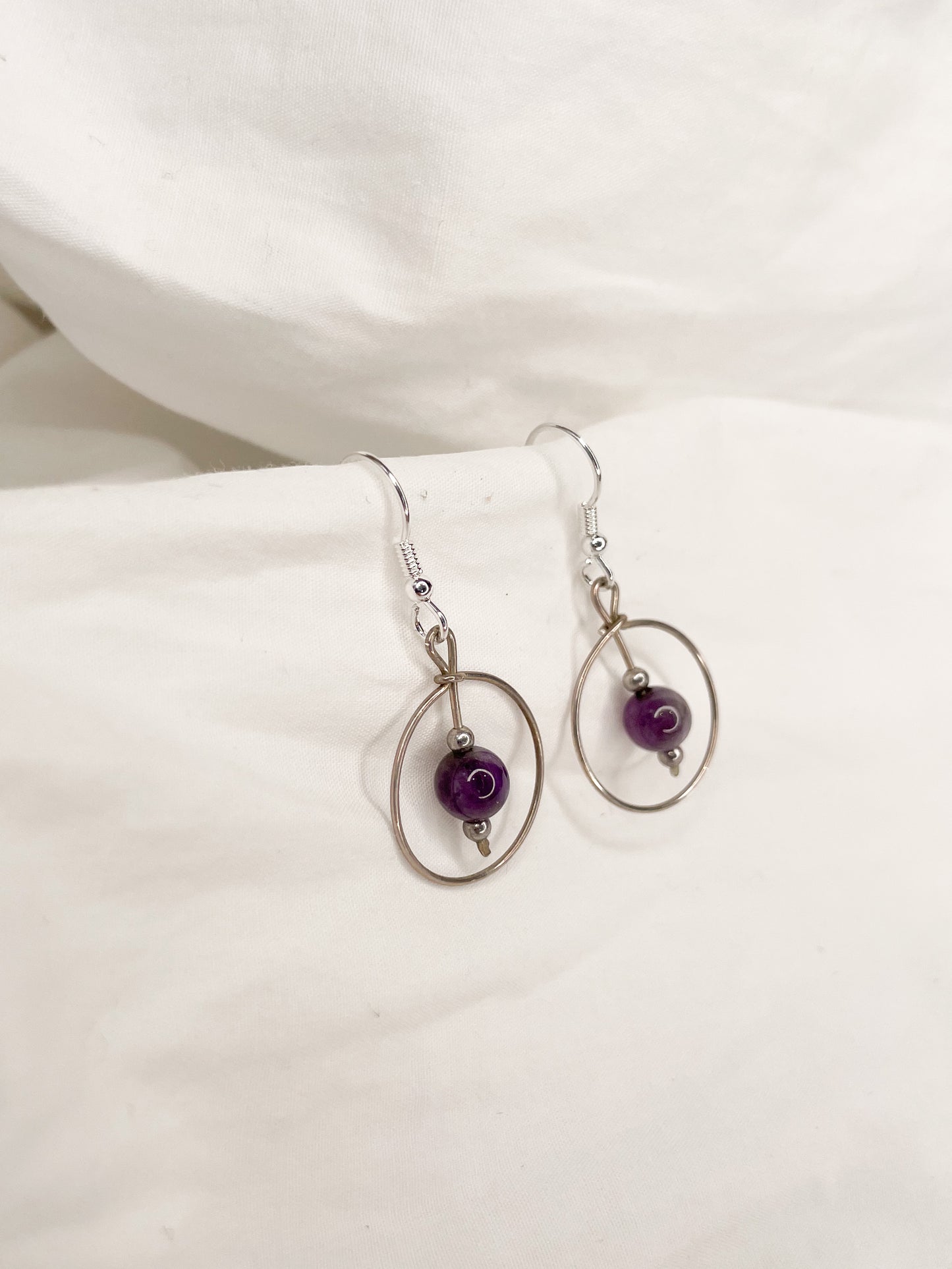 Silver Plated Purple Bead Circle Dangle Earrings