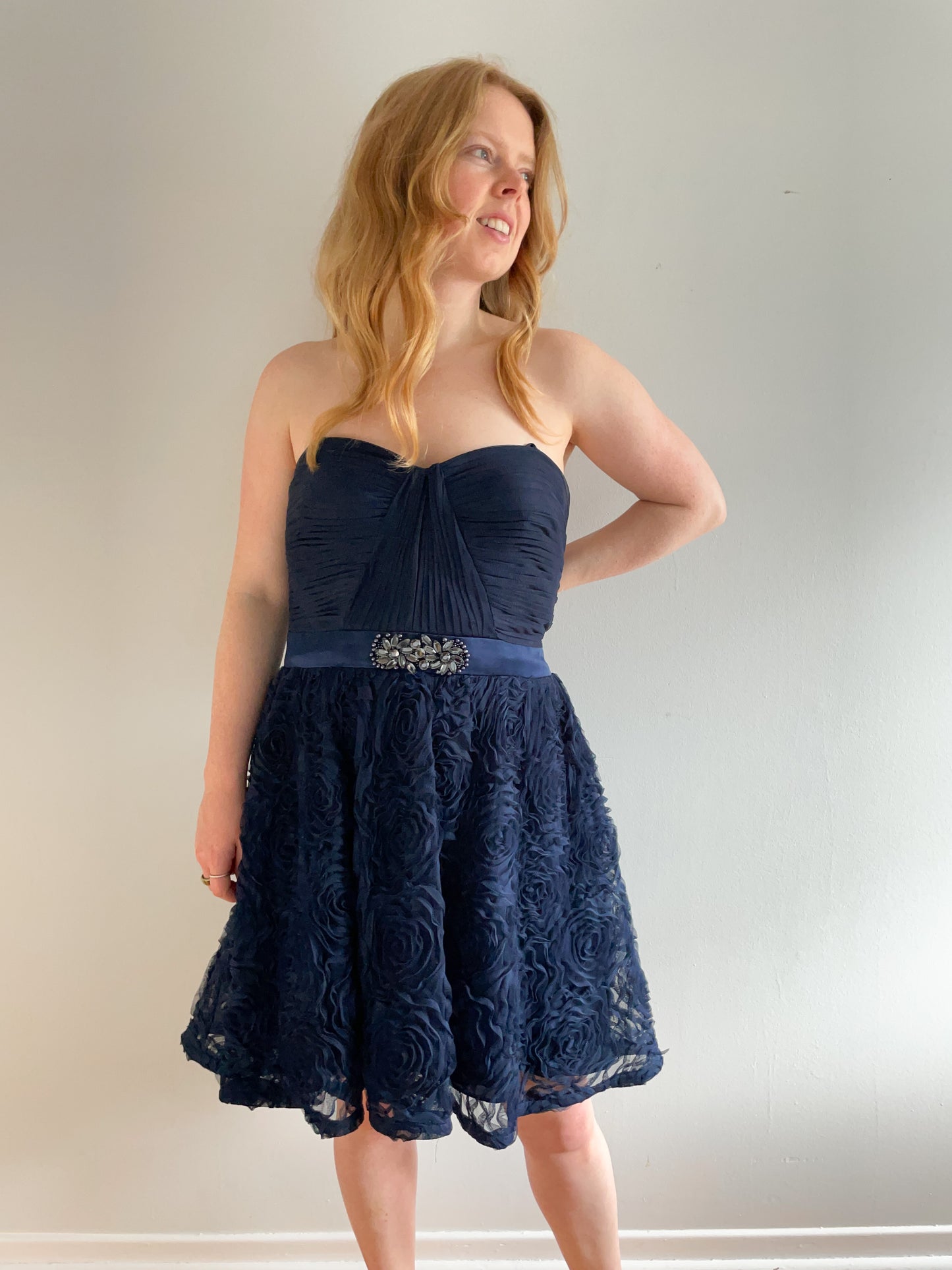 Adrianna Papell Navy Tulle Strapless Party Dress - Size 16