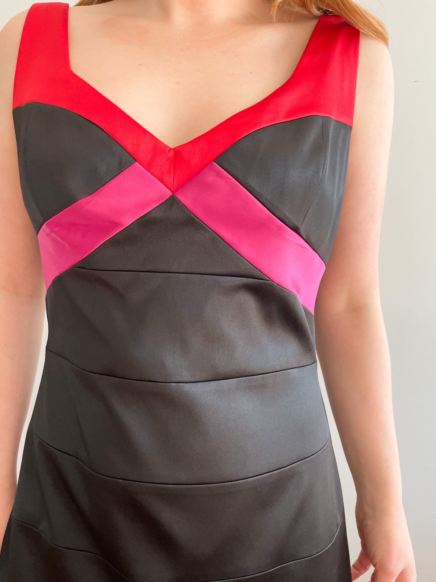 Laura Black Pink Colour Block Satin Sleeveless Sheath Dress - Size 12