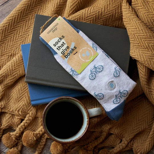 Conscious Step Organic Fair Trade Socks That Give Books - Blue With Bikes