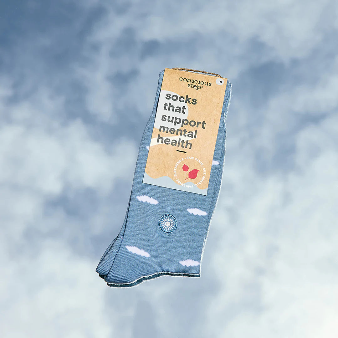 Socks that Support Mental Health - Light Blue Floating Clouds