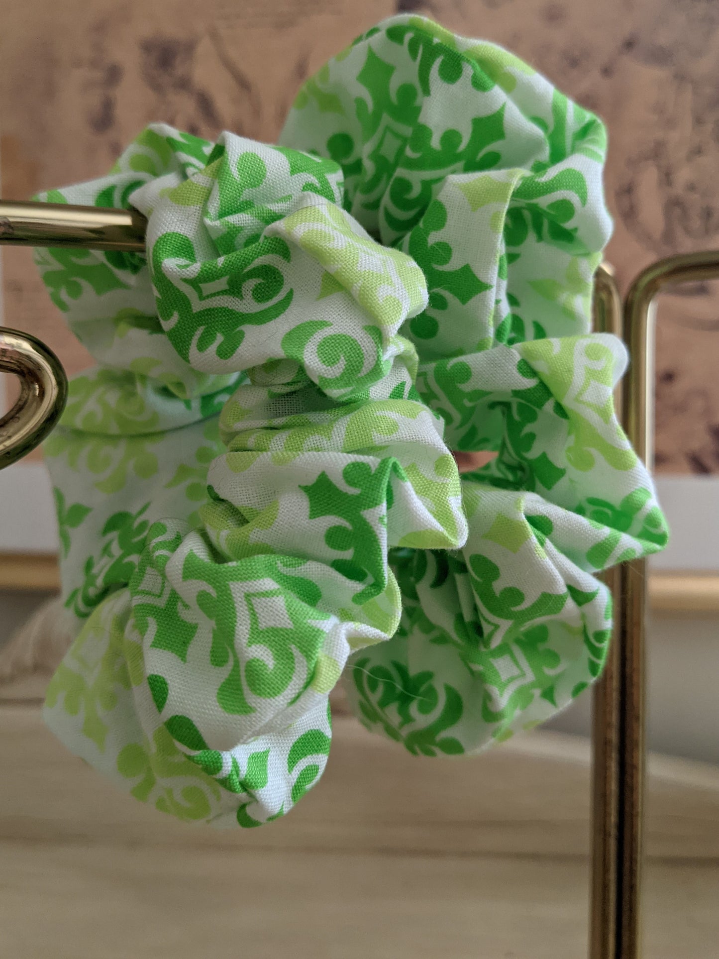 Green and Lime Brocade Upcycled Scrunchies