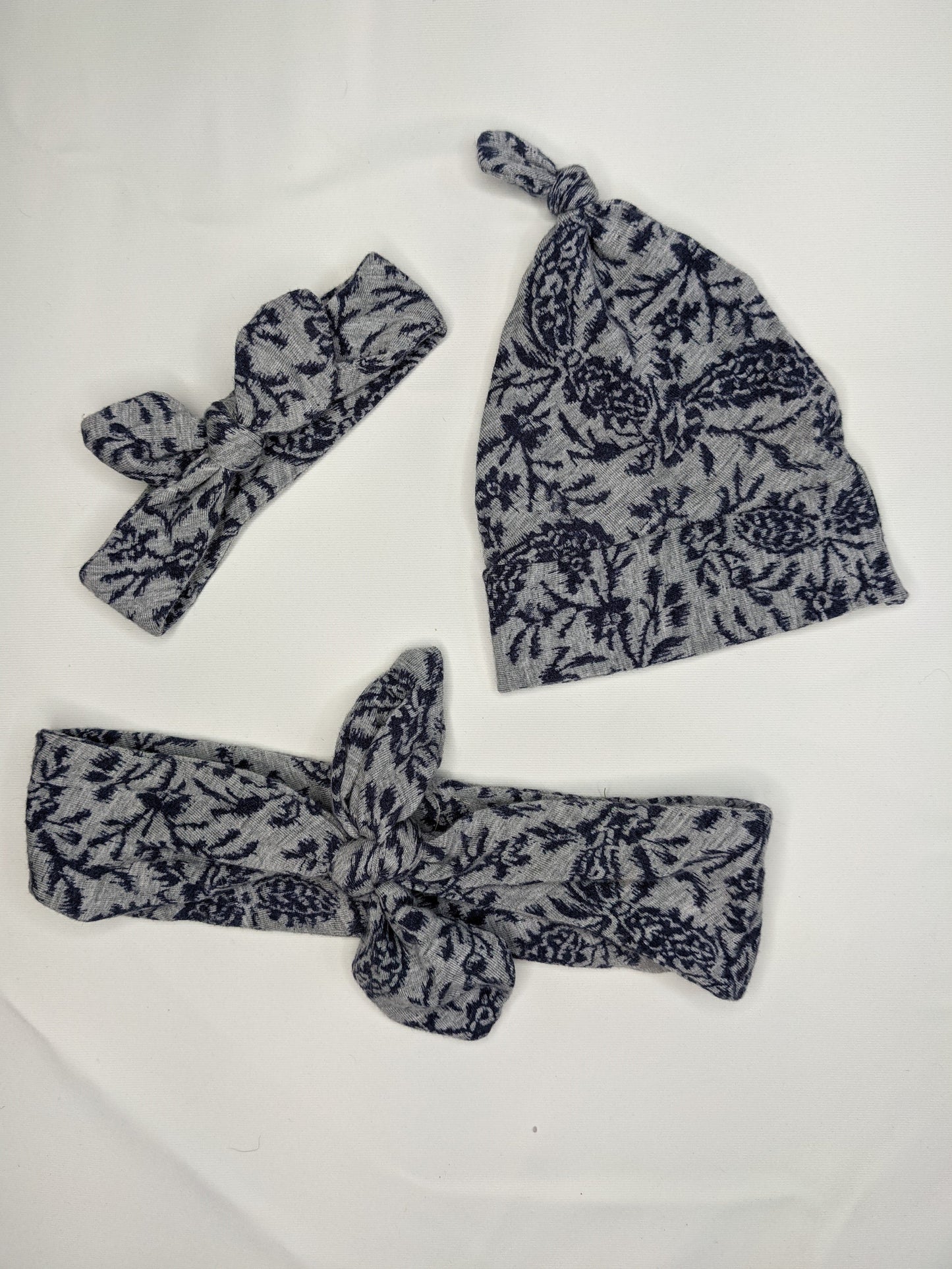 Grey and Navy Watercolour Floral Upcycled Baby Knot Hat