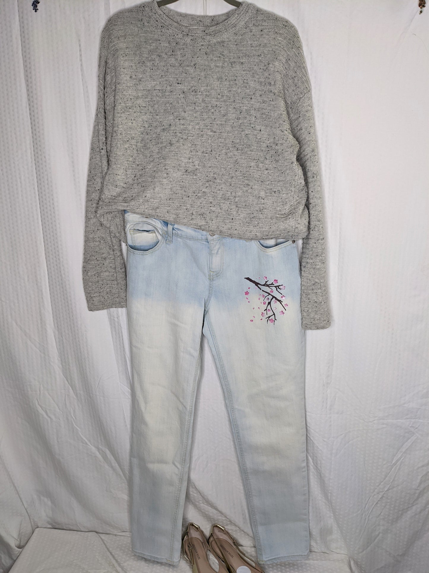 Eco Pretty Upcycled Light Wash Straight Cut Painted Cherry Blossom Boyfriend Jeans - Size 4
