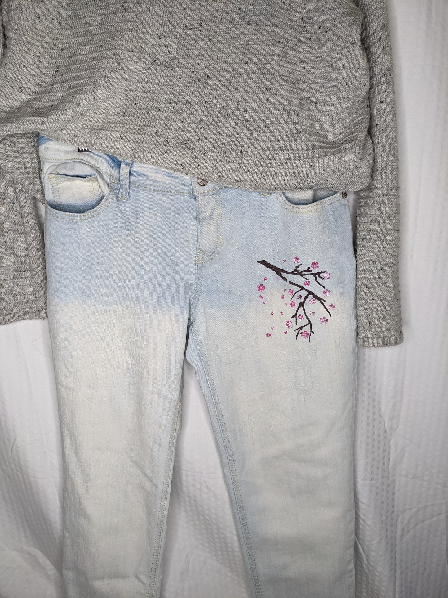 Eco Pretty Upcycled Light Wash Straight Cut Painted Cherry Blossom Boyfriend Jeans  - Size 4