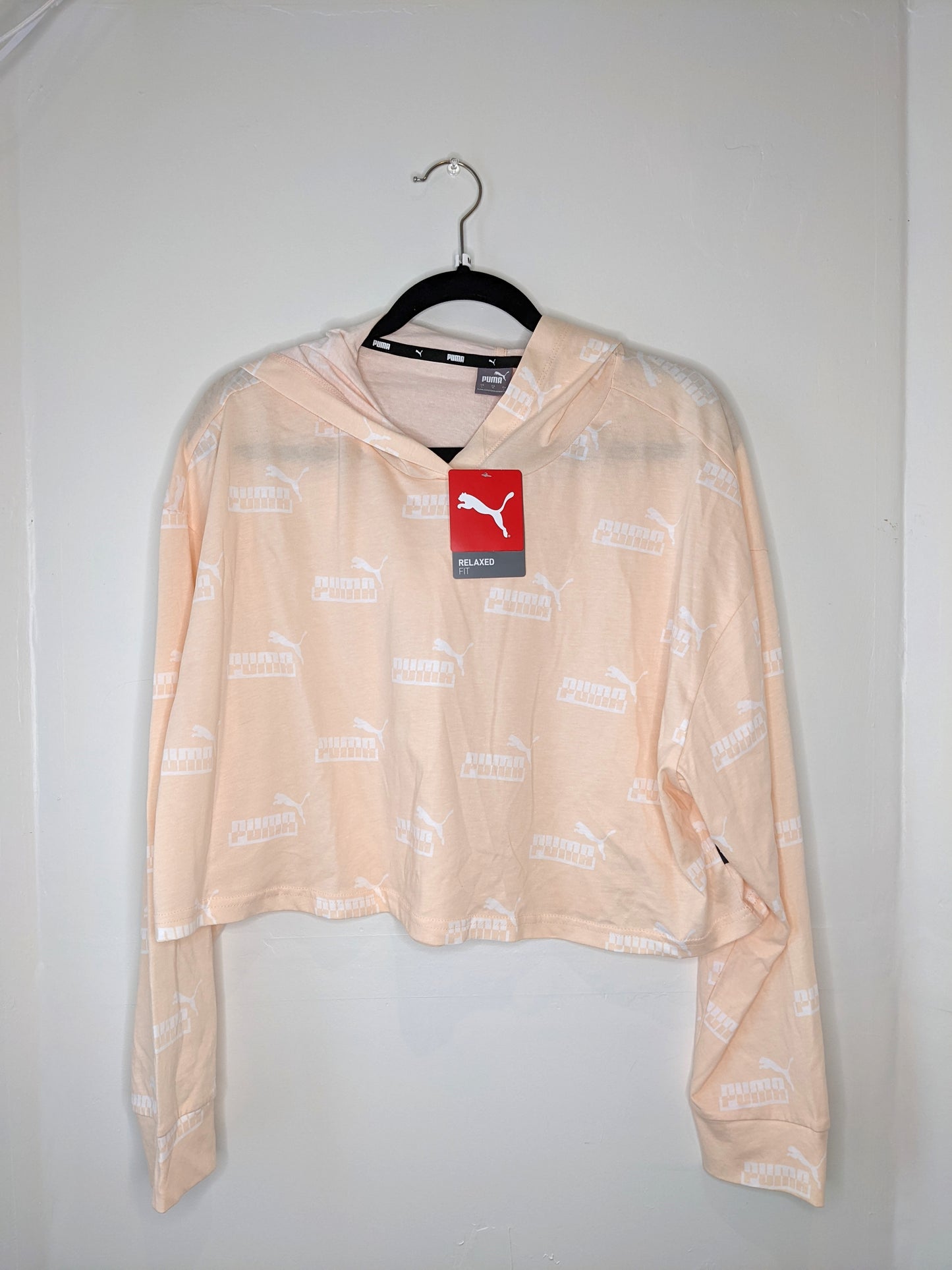 Puma Relaxed Fit Peach Cropped Hooded Long Sleeved Shirt - Large