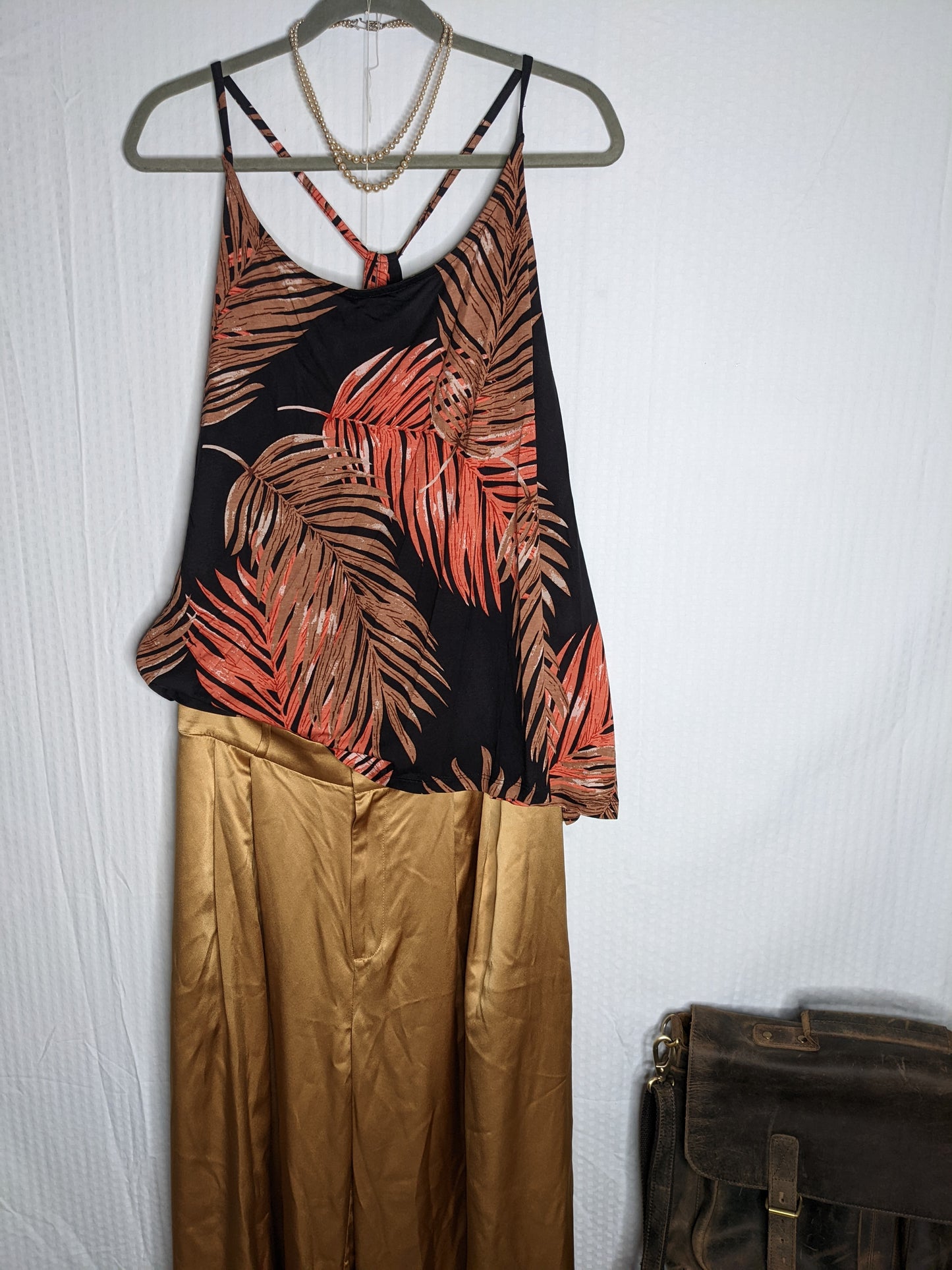 Venus Black Brown Coral Leaf Print Racerback Top - 2XL