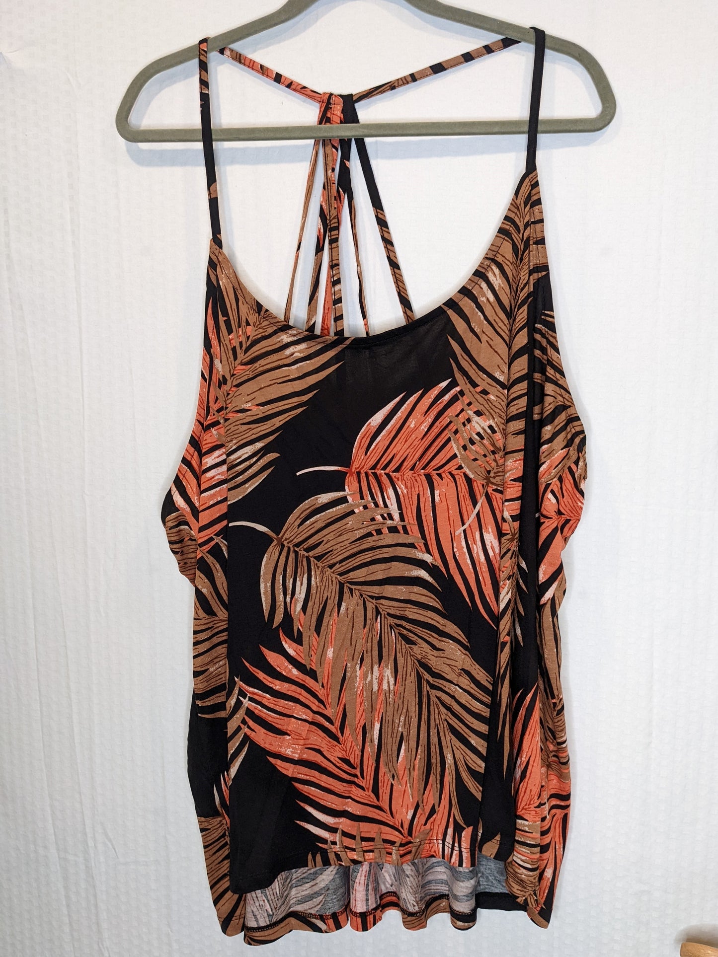 Venus Black Brown Coral Leaf Print Racerback Top - 2XL