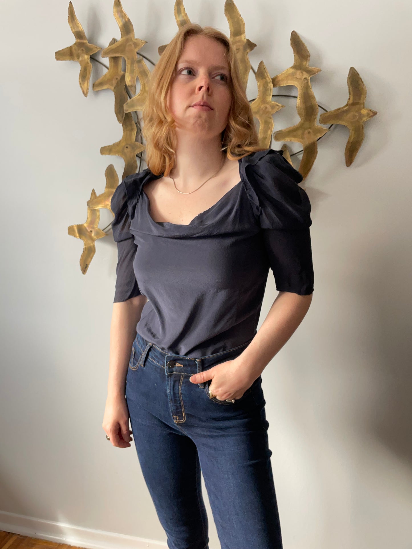 Wilfred Navy 100% Silk Puff 1/2 Sleeve Button Up Back Top - Small