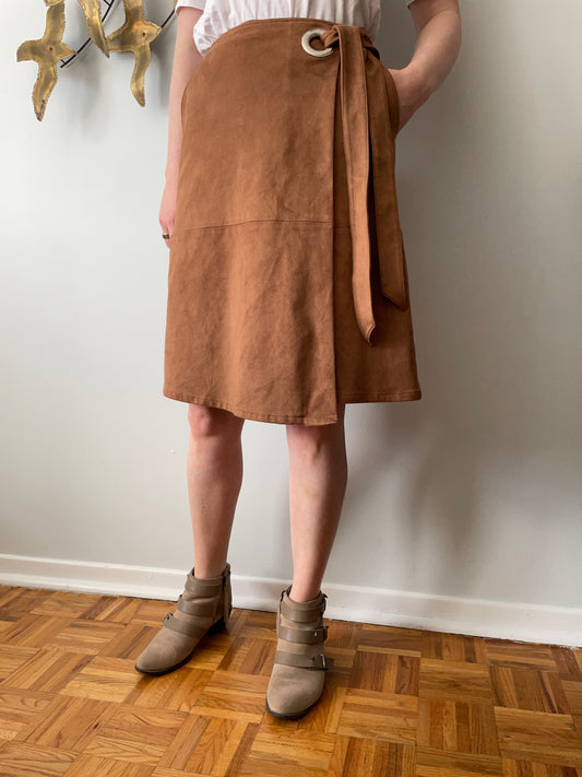 White House Black Market Caramel Faux Suede Wrap Style Skirt - Small