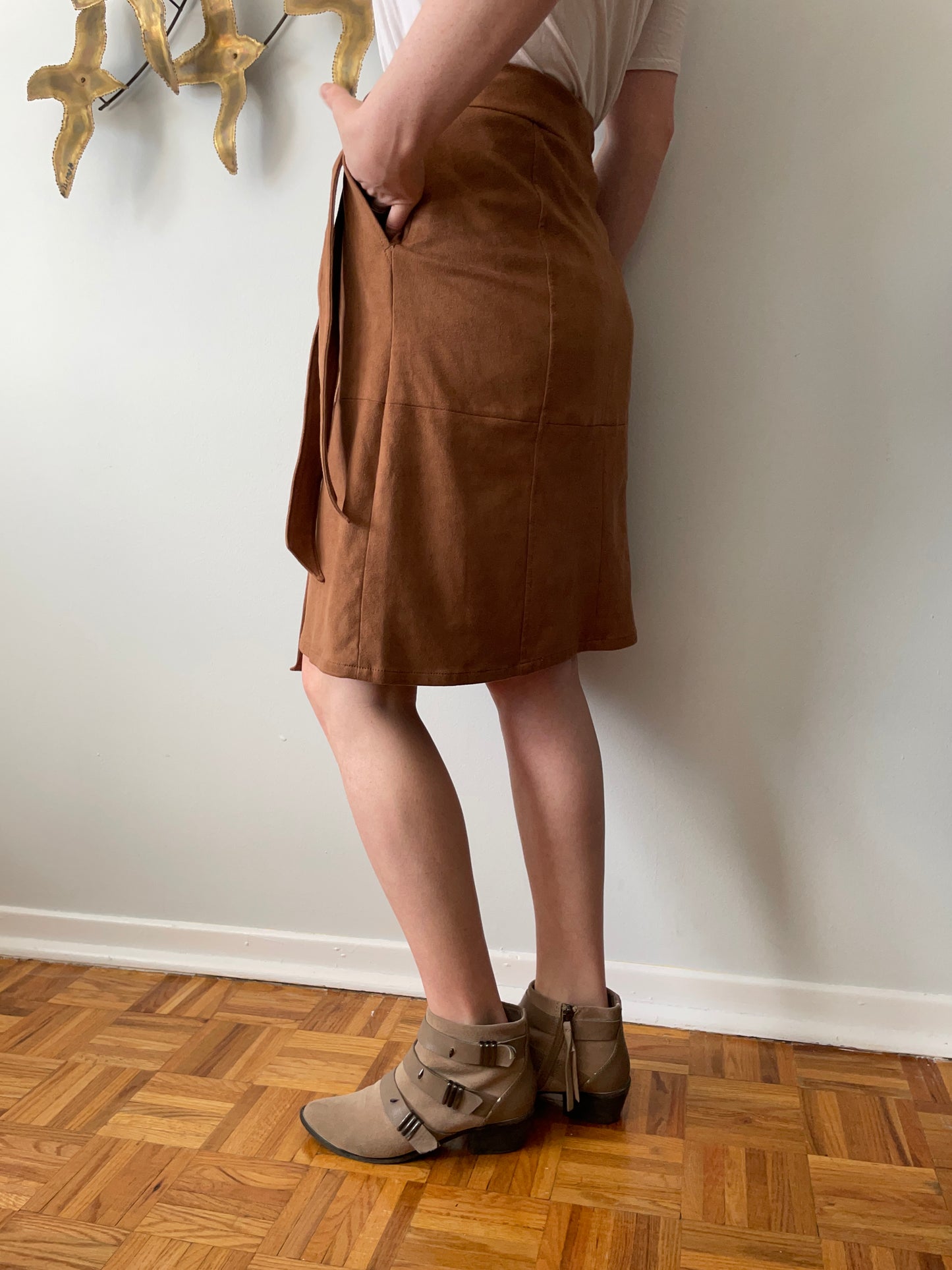 White House Black Market Caramel Faux Suede Wrap Style Skirt - Small