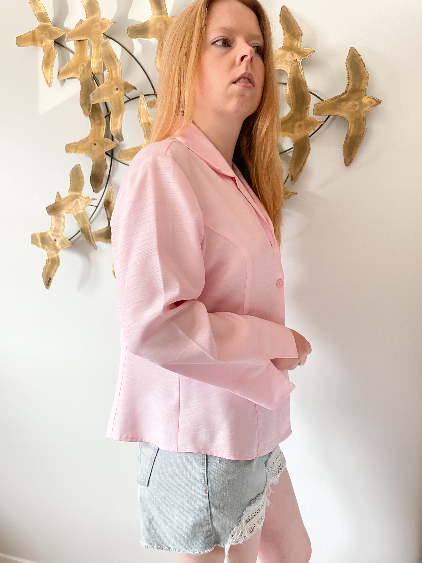 Gilani Light Pink Textured Satin Button Down Blouse Top - Size 14