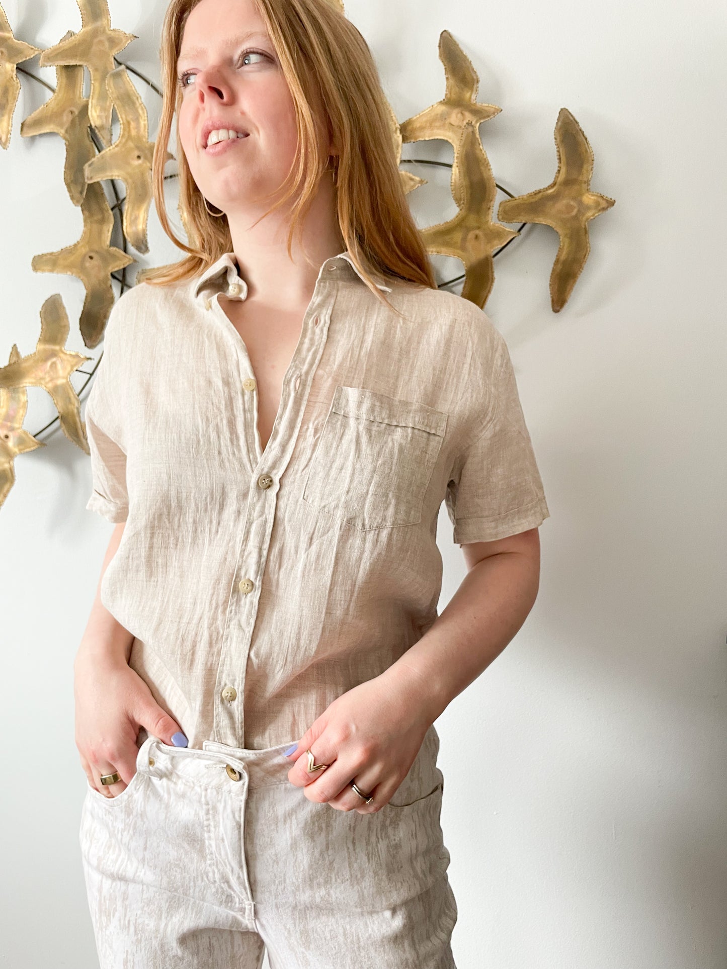 Eliz Sand Beige Flax Linen Button Down Top - Medium