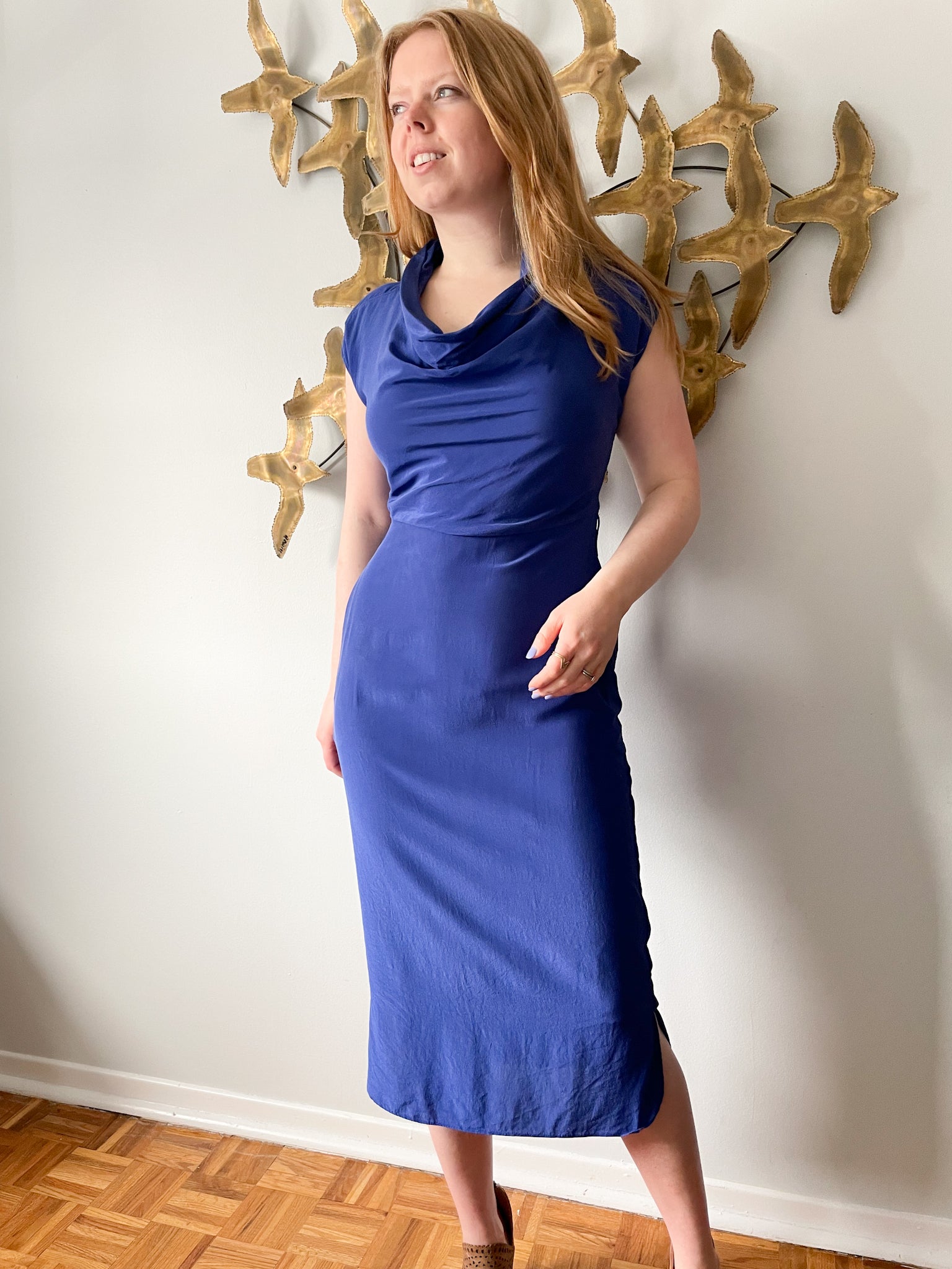 Ted Baker Blue 100% Silk Sheath Midi Dress Size – Le Prix