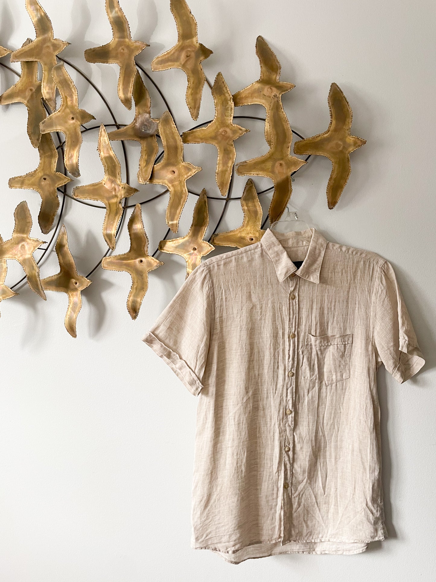 Eliz Sand Beige Flax Linen Button Down Top - Medium