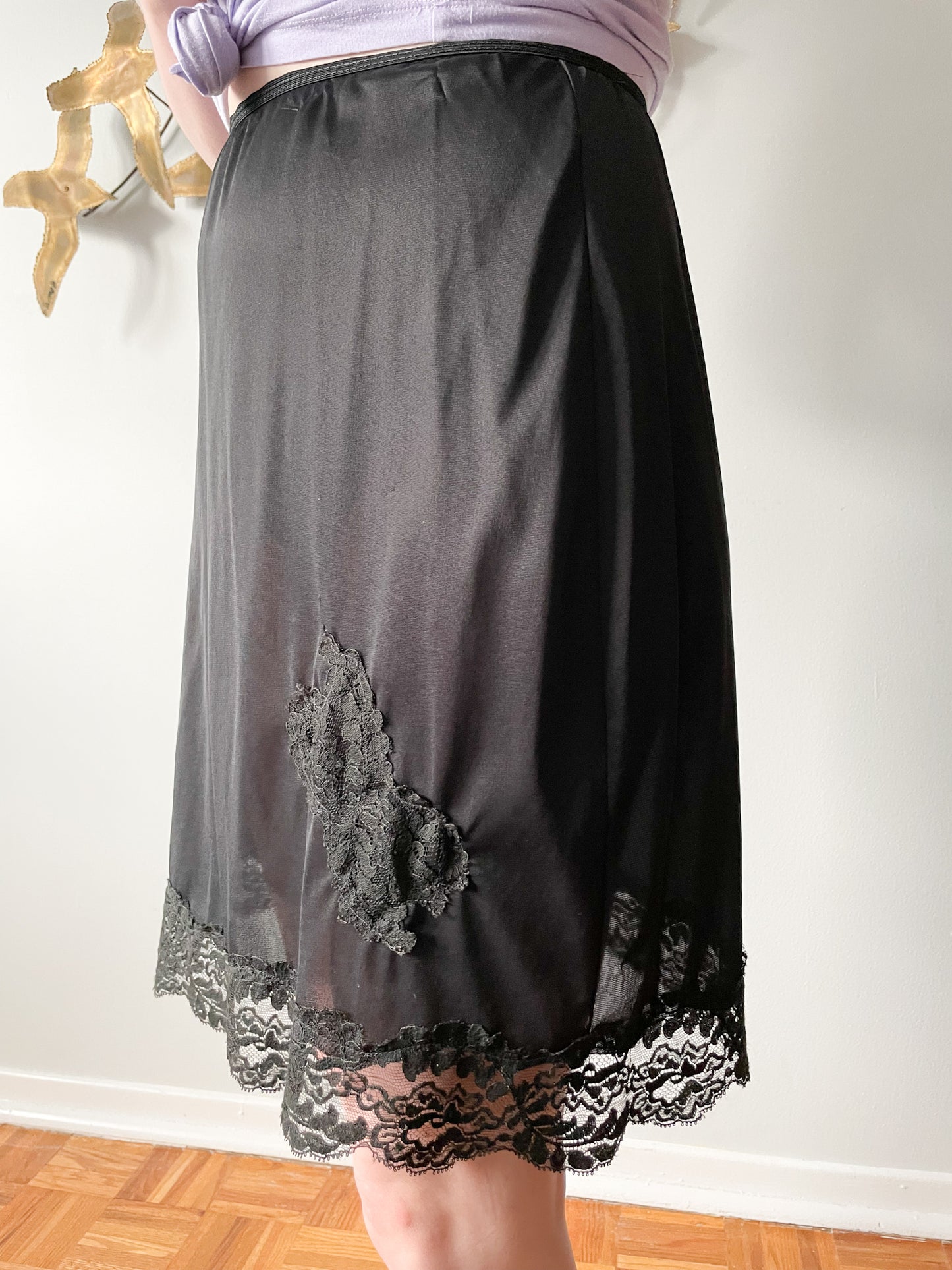 Black Lace Trimmed Slip Skirt - Small