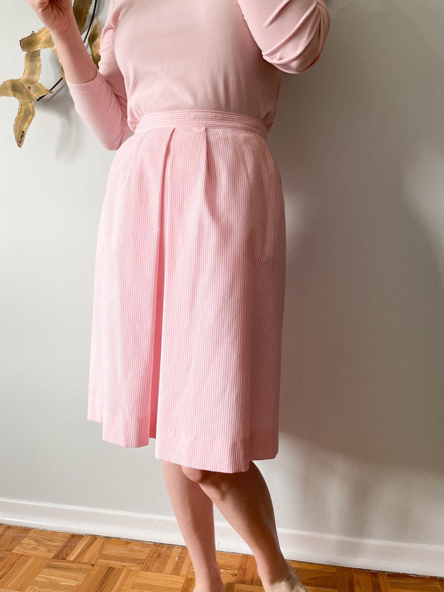 Vintage Haspel Pink Seersucker Stripe Pleated Pocket Skirt - Small