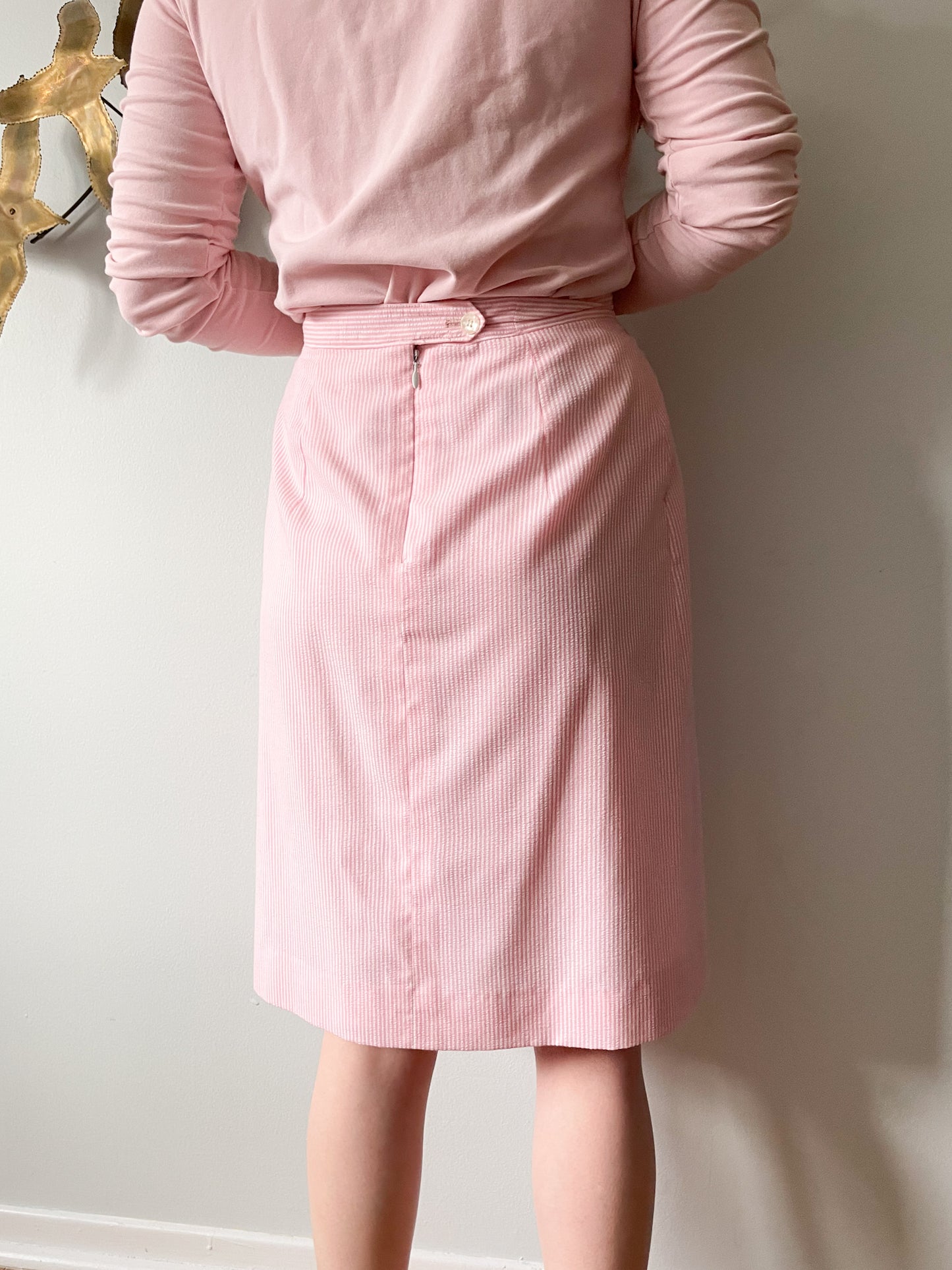 Vintage Haspel Pink Seersucker Stripe Pleated Pocket Skirt - Small
