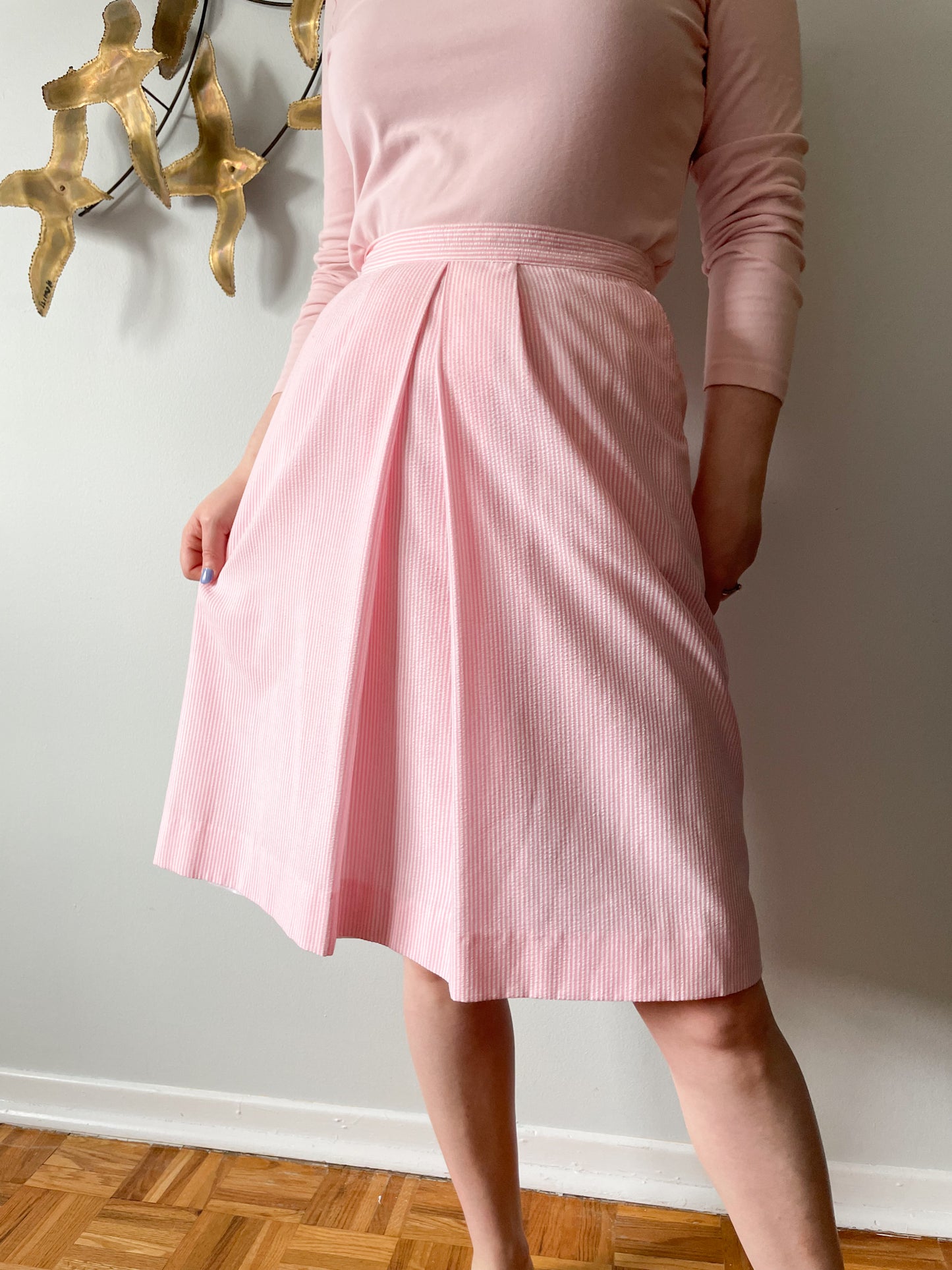 Vintage Haspel Pink Seersucker Stripe Pleated Pocket Skirt - Small