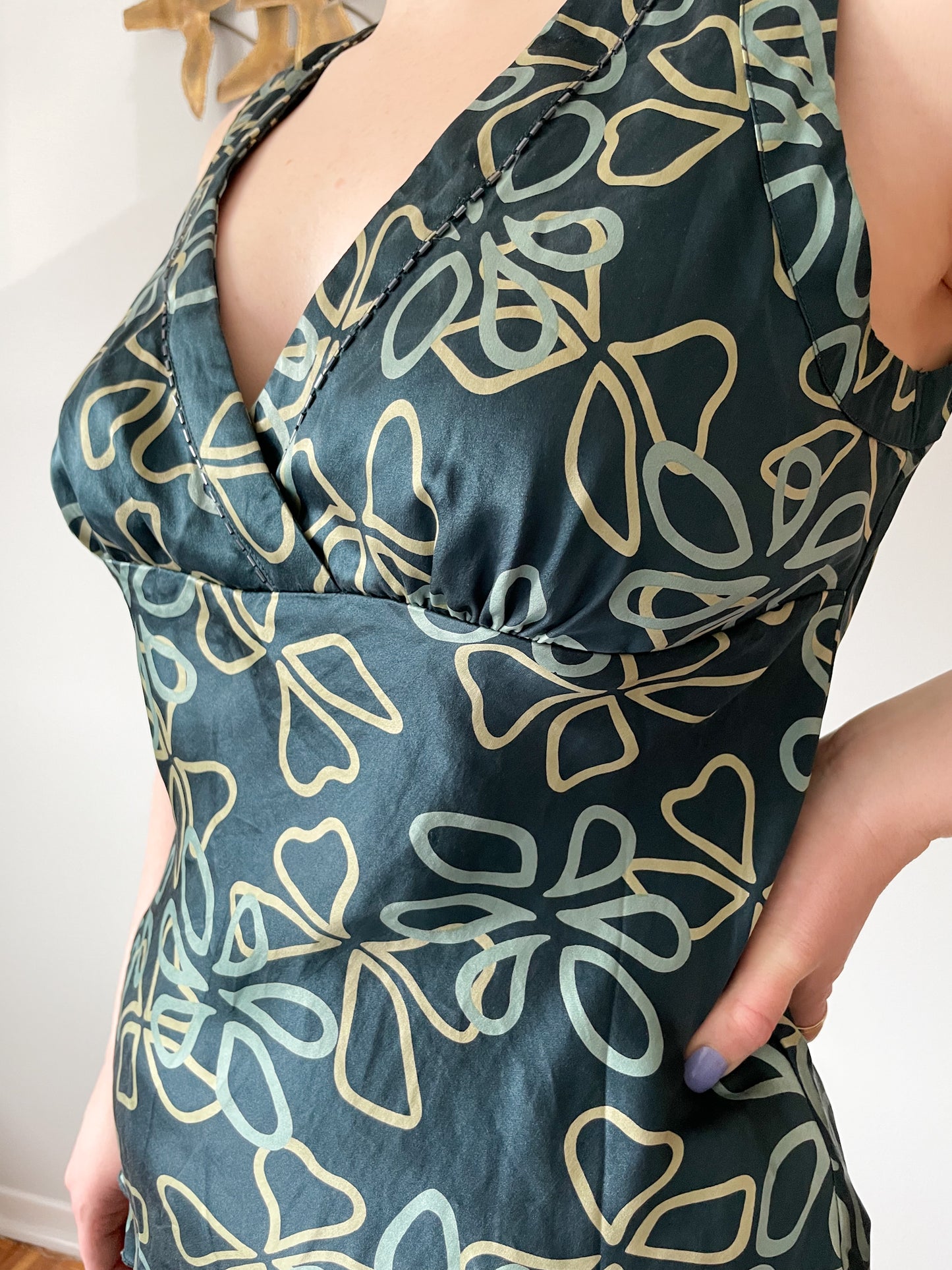 Jacob Dark Green Floral Print Silk Top - Medium