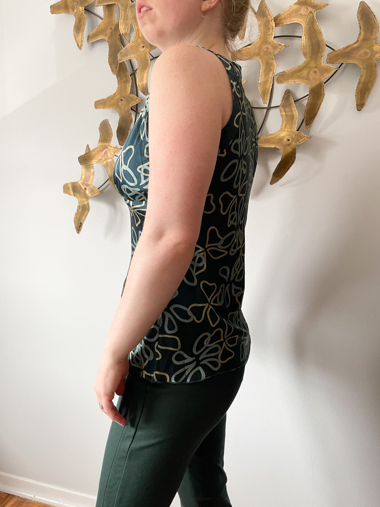 Jacob Dark Green Floral Print Silk Top - Medium