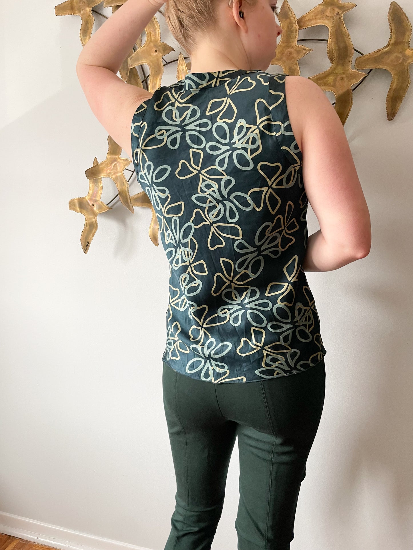 Jacob Dark Green Floral Print Silk Top - Medium