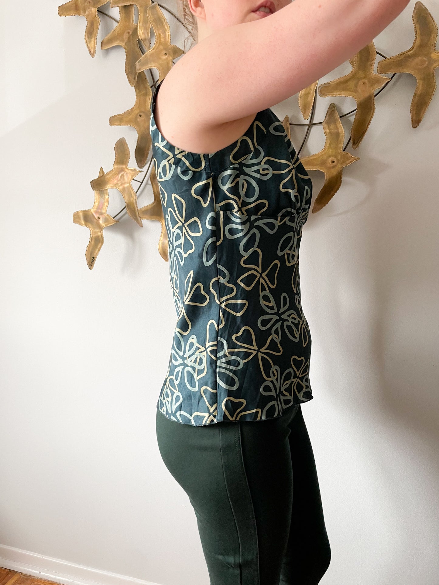 Jacob Dark Green Floral Print Silk Top - Medium