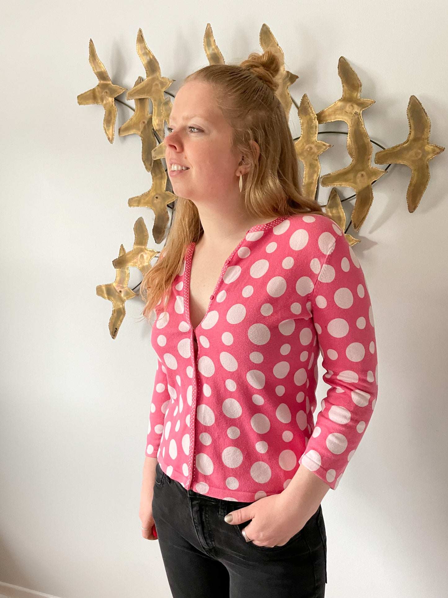 Talbots Pink Polkadot Button Up Cardigan - Small