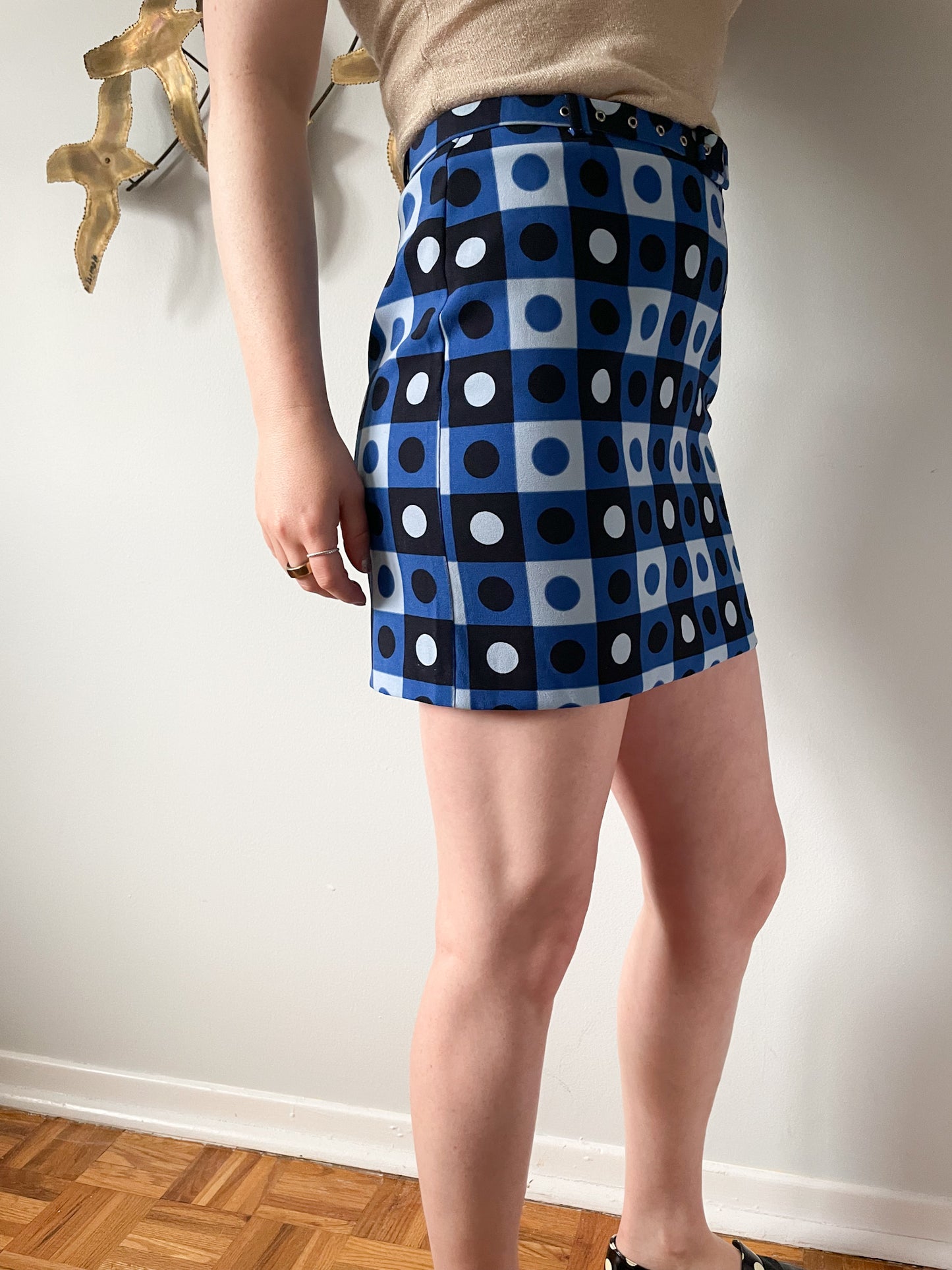 Retro Blue Square Dot Mini Skirt with Belt - Small