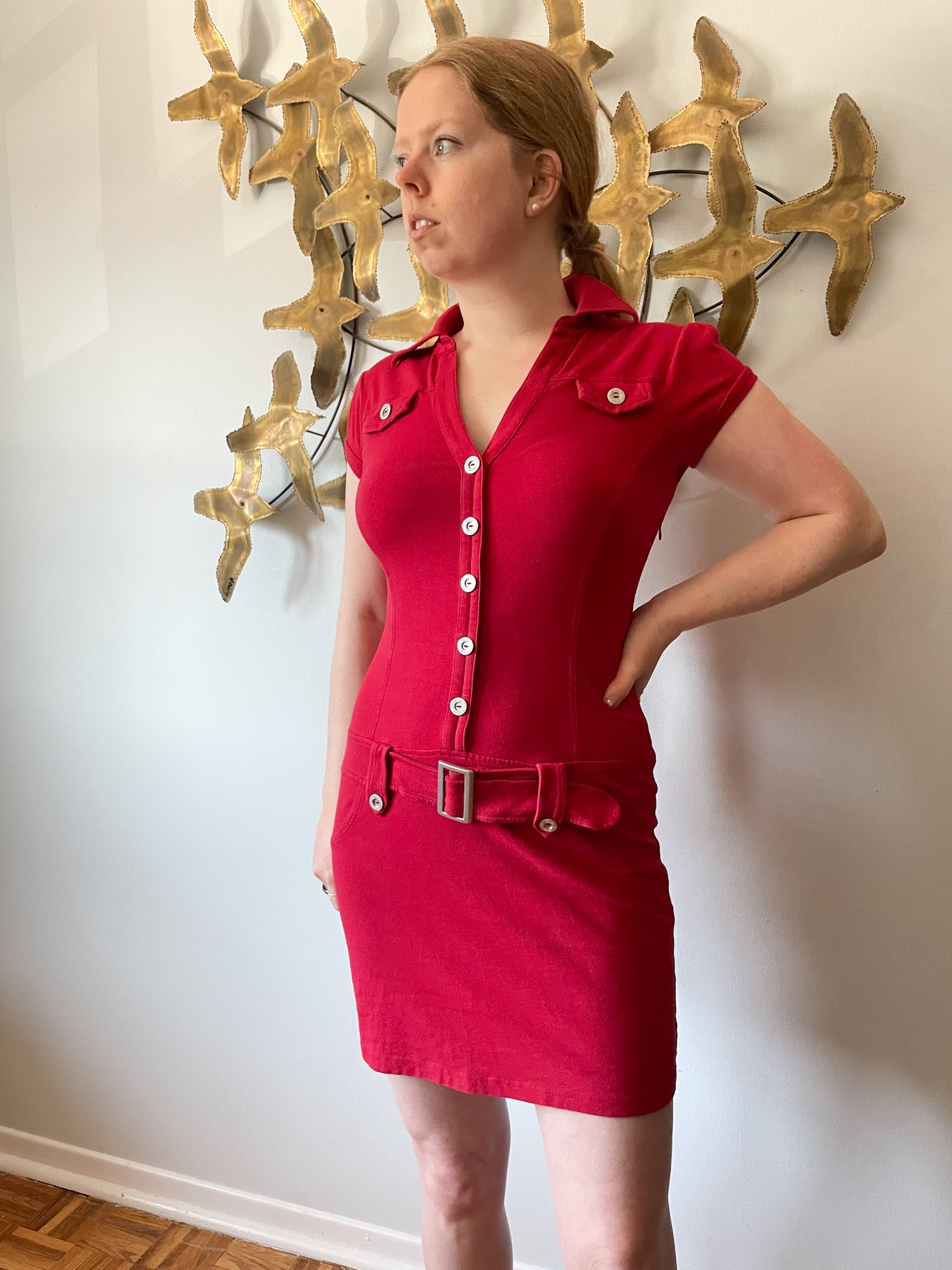 GUESS Red Cotton Stretch Collared Dress - S/M Le Prix Fashion & Consulting GUESS Red Cotton Stretch Collared Dress - S/M Le Prix Fashion & Consulting