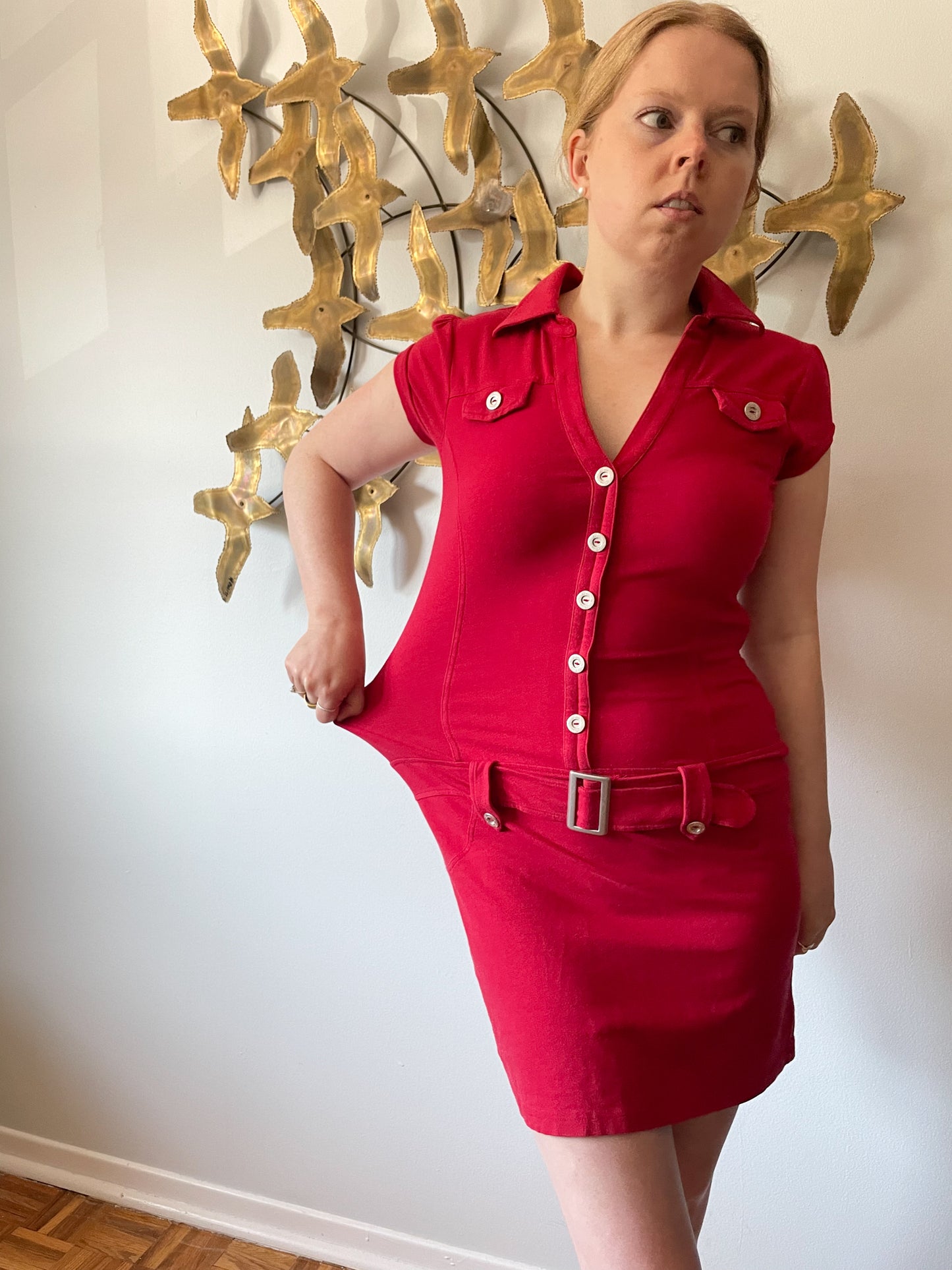GUESS Red Cotton Stretch Collared Dress - S/M